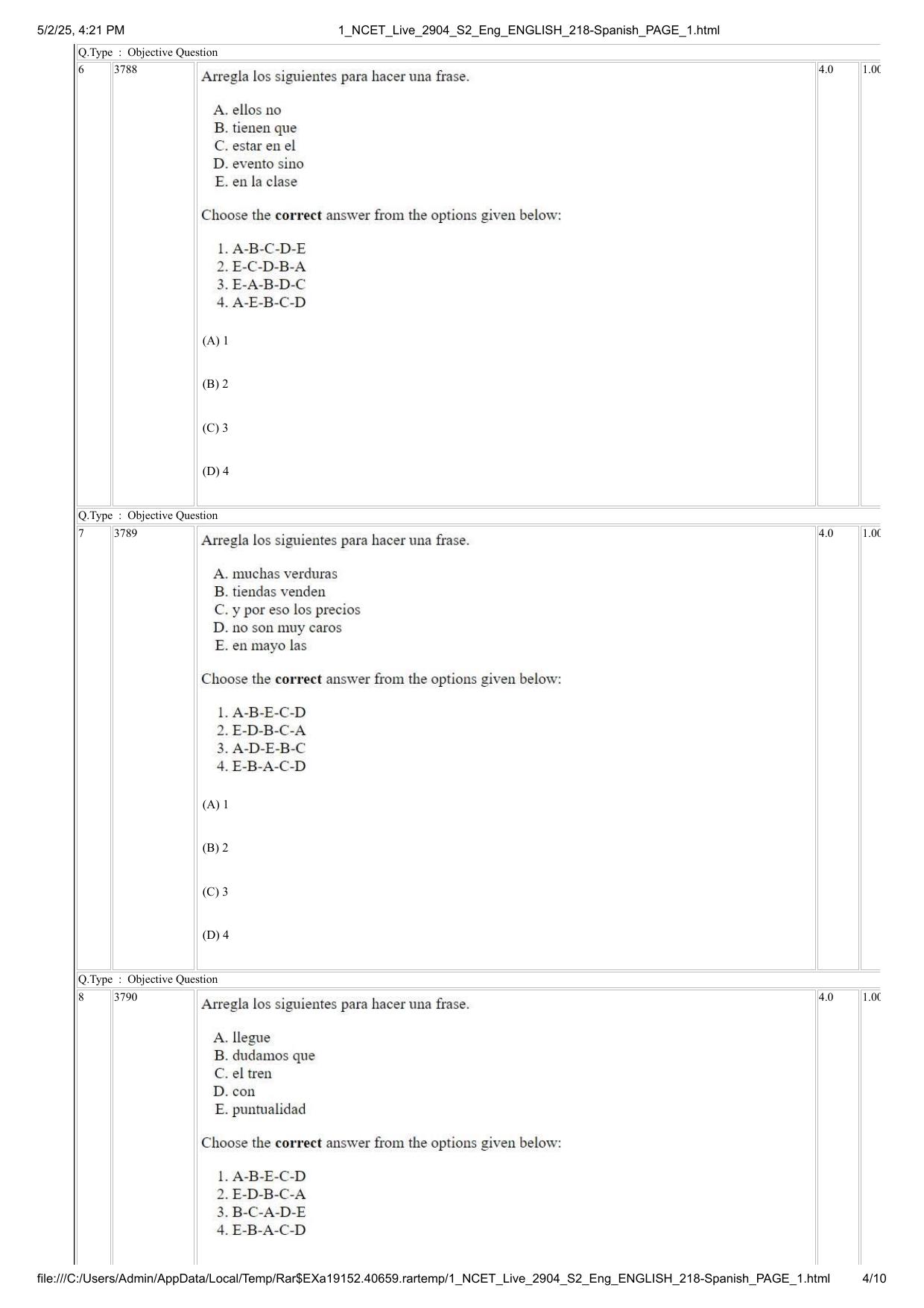 NCET 2025 Question Paper - Spanish - Page 4