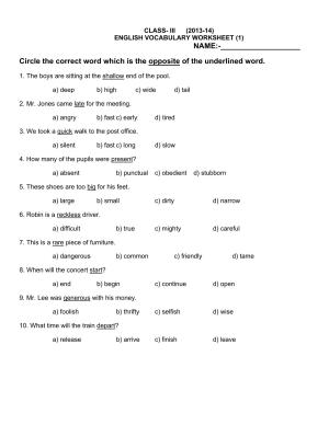 Worksheet for Class 3 English Vocabulary Assignment 3