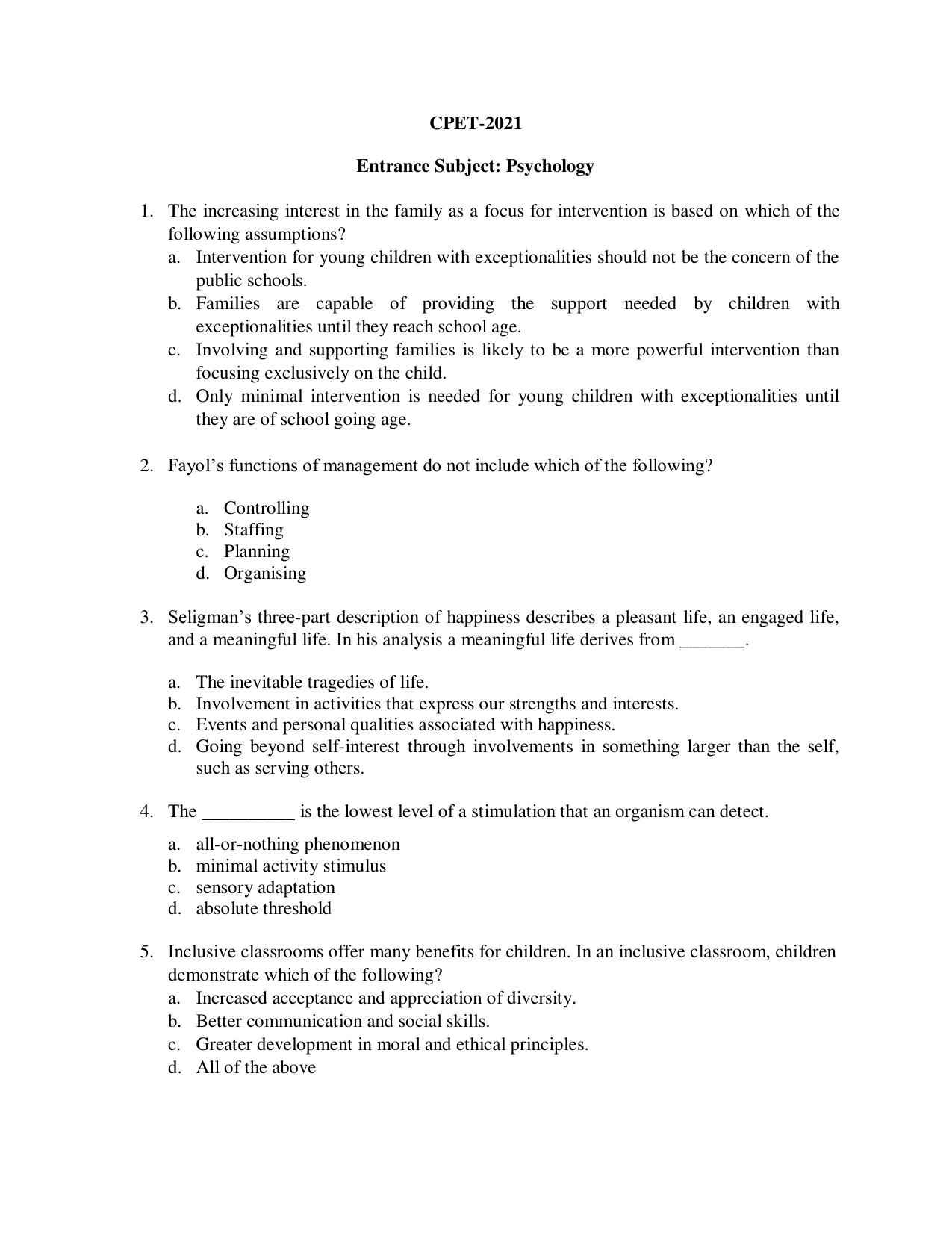 Odisha CPET 2021 PSYCHOLOGY Question Paper - Page 1