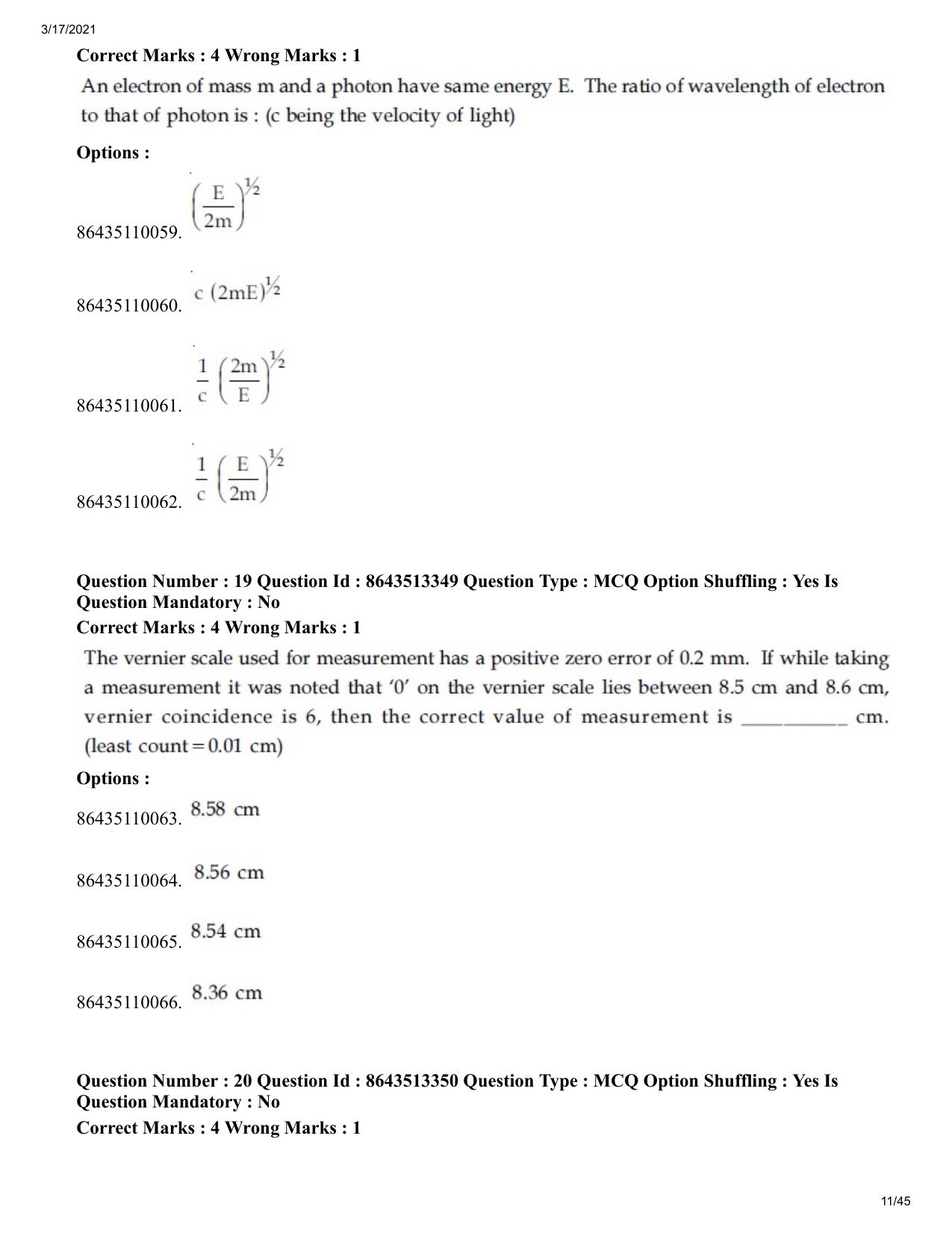 JEE Mains 2021: BTech (Shift 1) 17-03-2021 Question Paper - Page 11