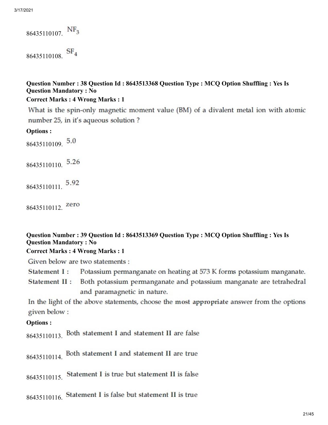 JEE Mains 2021: BTech (Shift 1) 17-03-2021 Question Paper - Page 21
