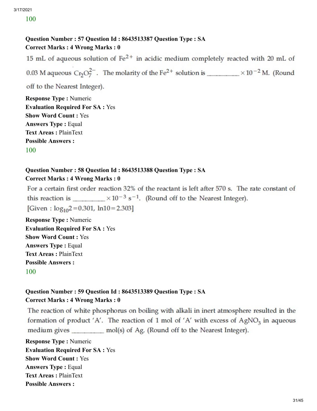 JEE Mains 2021: BTech (Shift 1) 17-03-2021 Question Paper - Page 31
