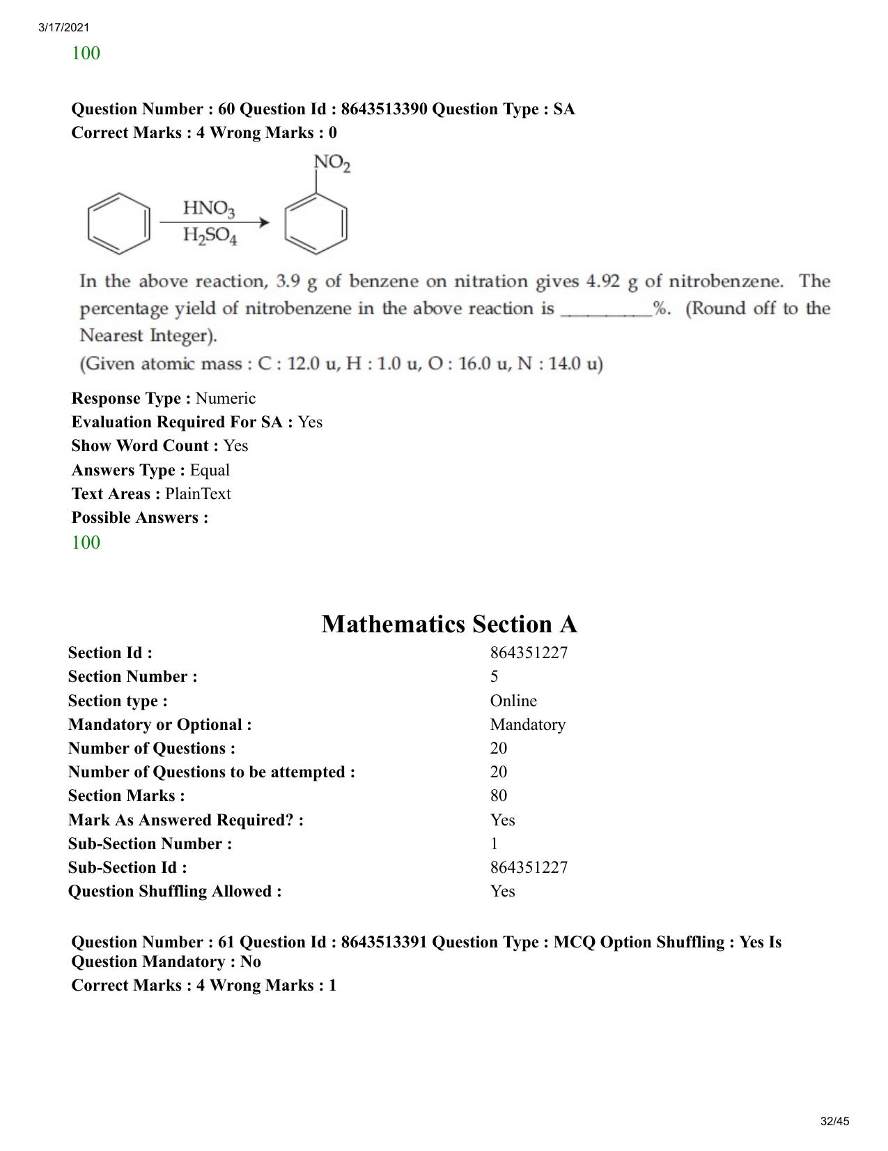 JEE Mains 2021: BTech (Shift 1) 17-03-2021 Question Paper - Page 32