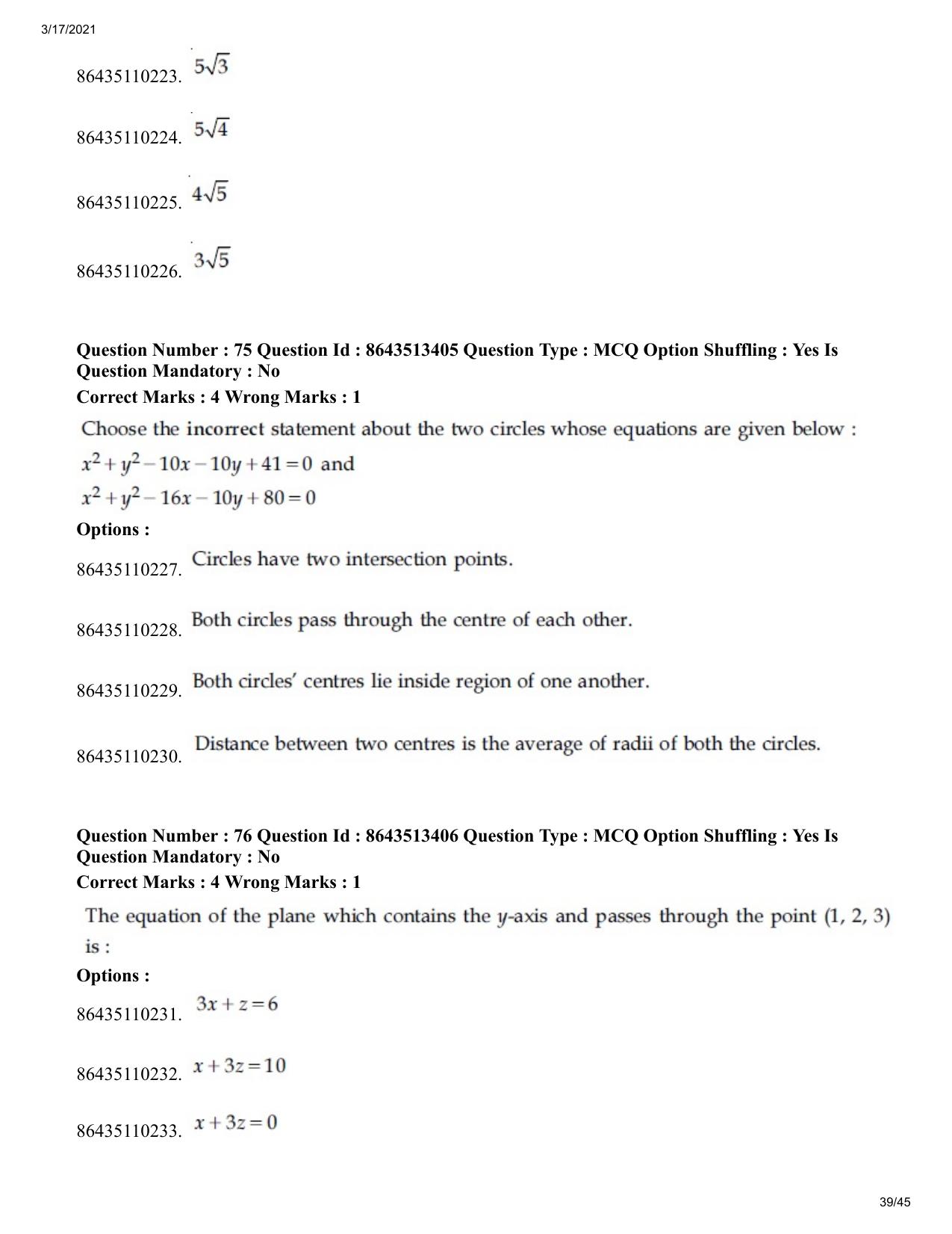 JEE Mains 2021: BTech (Shift 1) 17-03-2021 Question Paper - Page 39
