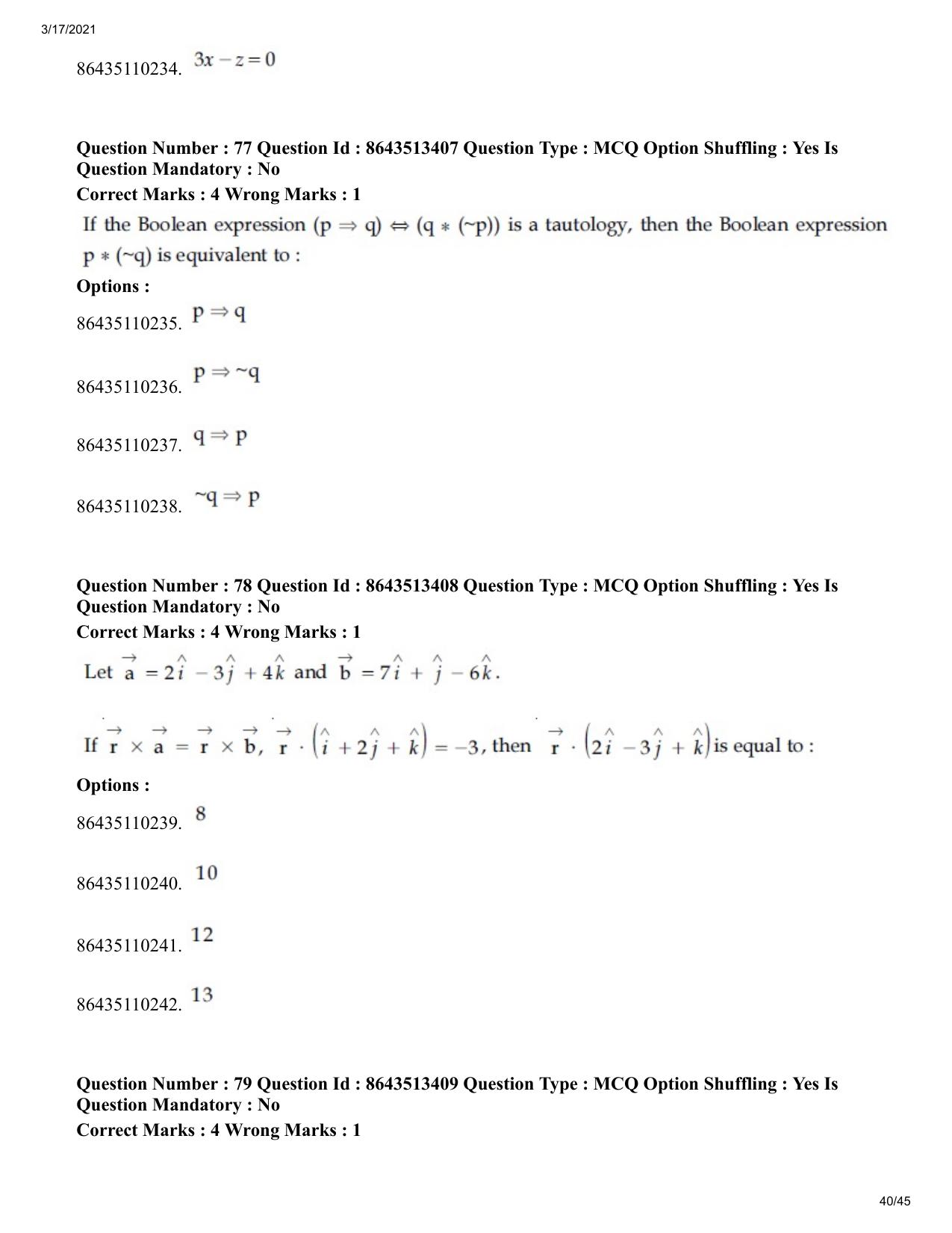 JEE Mains 2021: BTech (Shift 1) 17-03-2021 Question Paper - Page 40