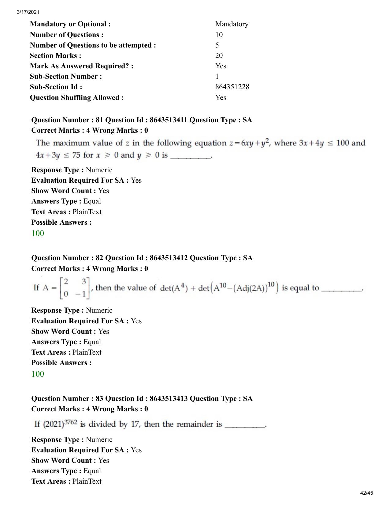 JEE Mains 2021: BTech (Shift 1) 17-03-2021 Question Paper - Page 42