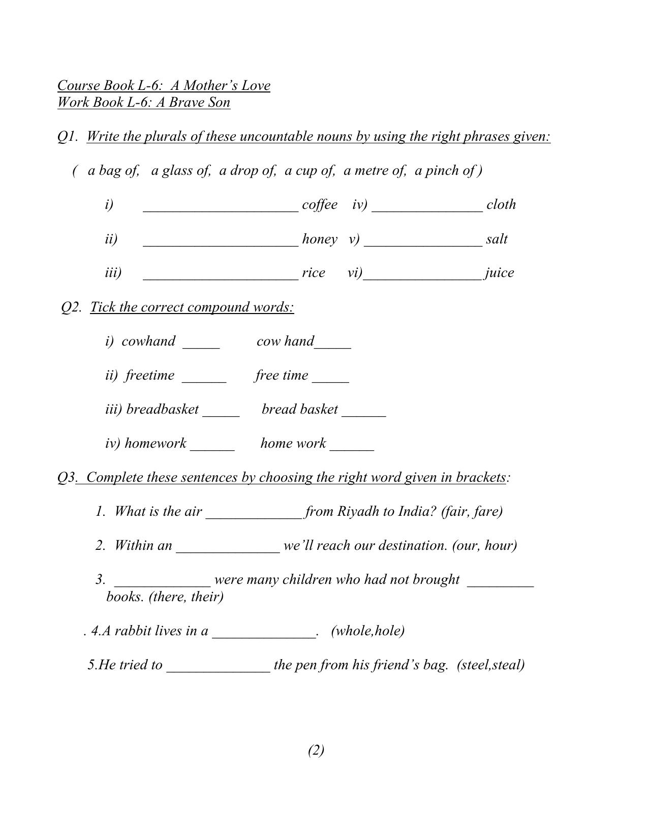 Worksheet for Class 4 English Assignment 136 A MotherGÇOs Love - Page 1