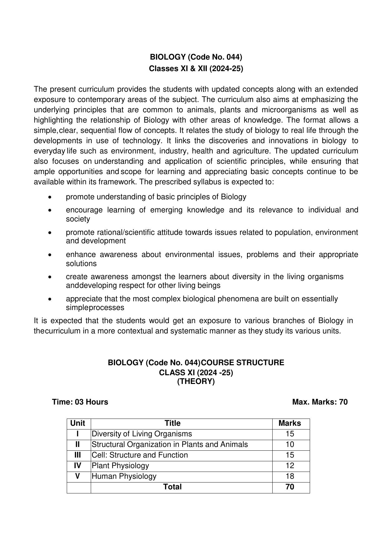 CBSE Class 11 & 12 Biology Syllabus - Page 1