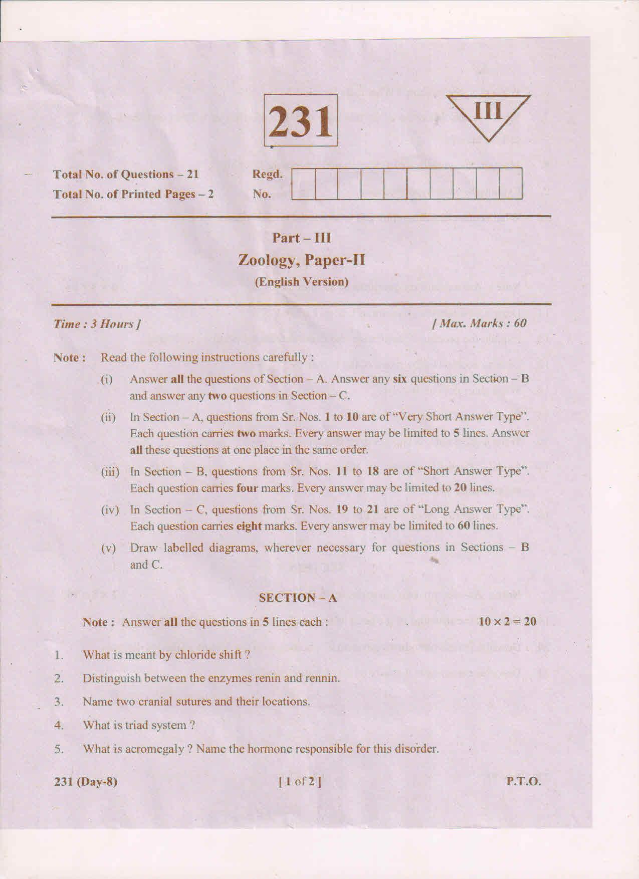 AP Inter 2nd Year Zoology-II (EM) May 2018 (General) Question Paper - Page 1