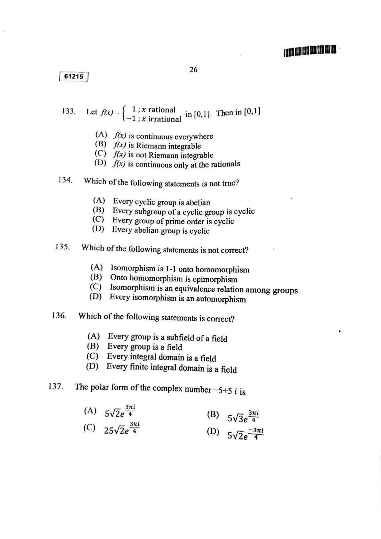 CUSAT CAT 2015 Mathematics Question Paper - Page 27