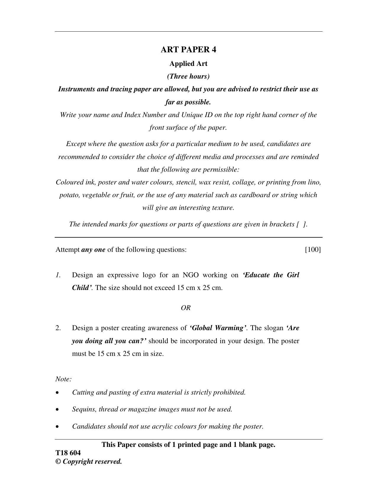 ICSE Class 10 Art Paper 4 (Applied Art) 2018 Question Paper - Page 1