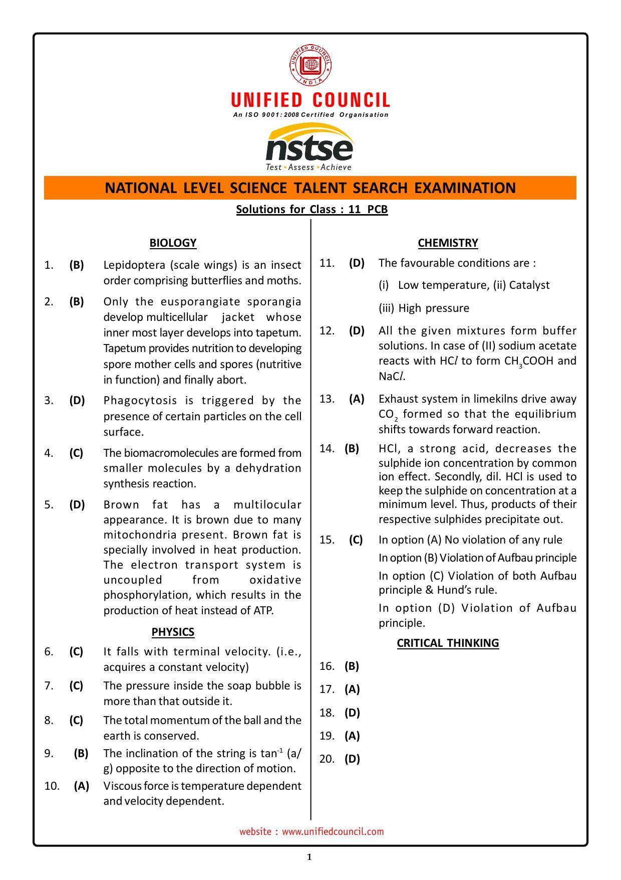 2023 Class 11 PCB NSTSE Key & Solutions - Page 1