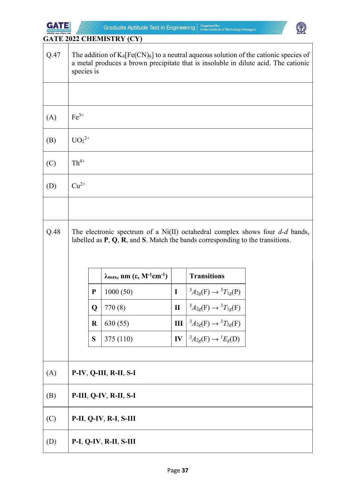 GATE 2022 Chemistry (Cy) Question Paper - Page 37