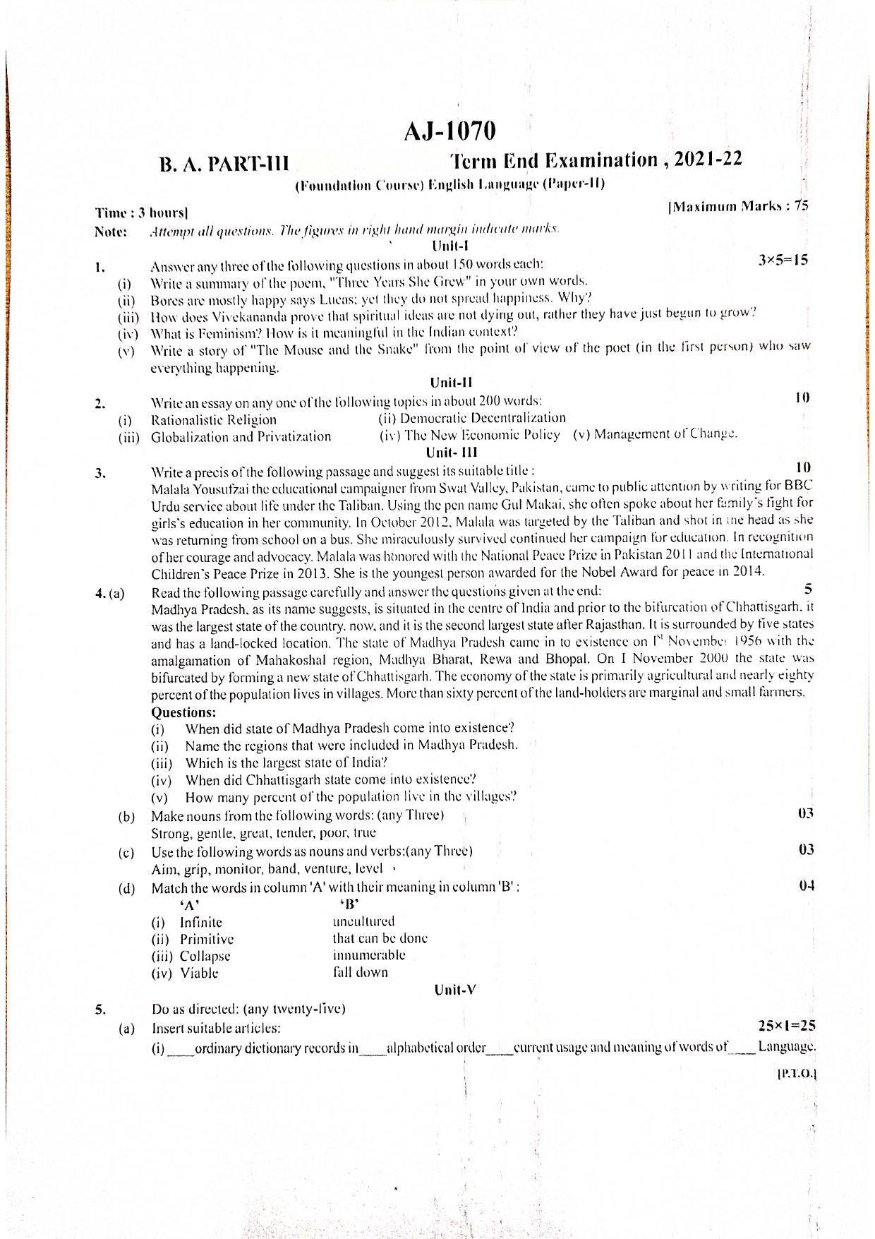 Bilaspur University Question Paper 2021-2022:B.A. Part-III (Three) FC:English Language Paper 1 - Page 1
