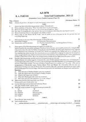 Bilaspur University Question Paper 2021-2022:B.A. Part-III (Three) FC:English Language Paper 1