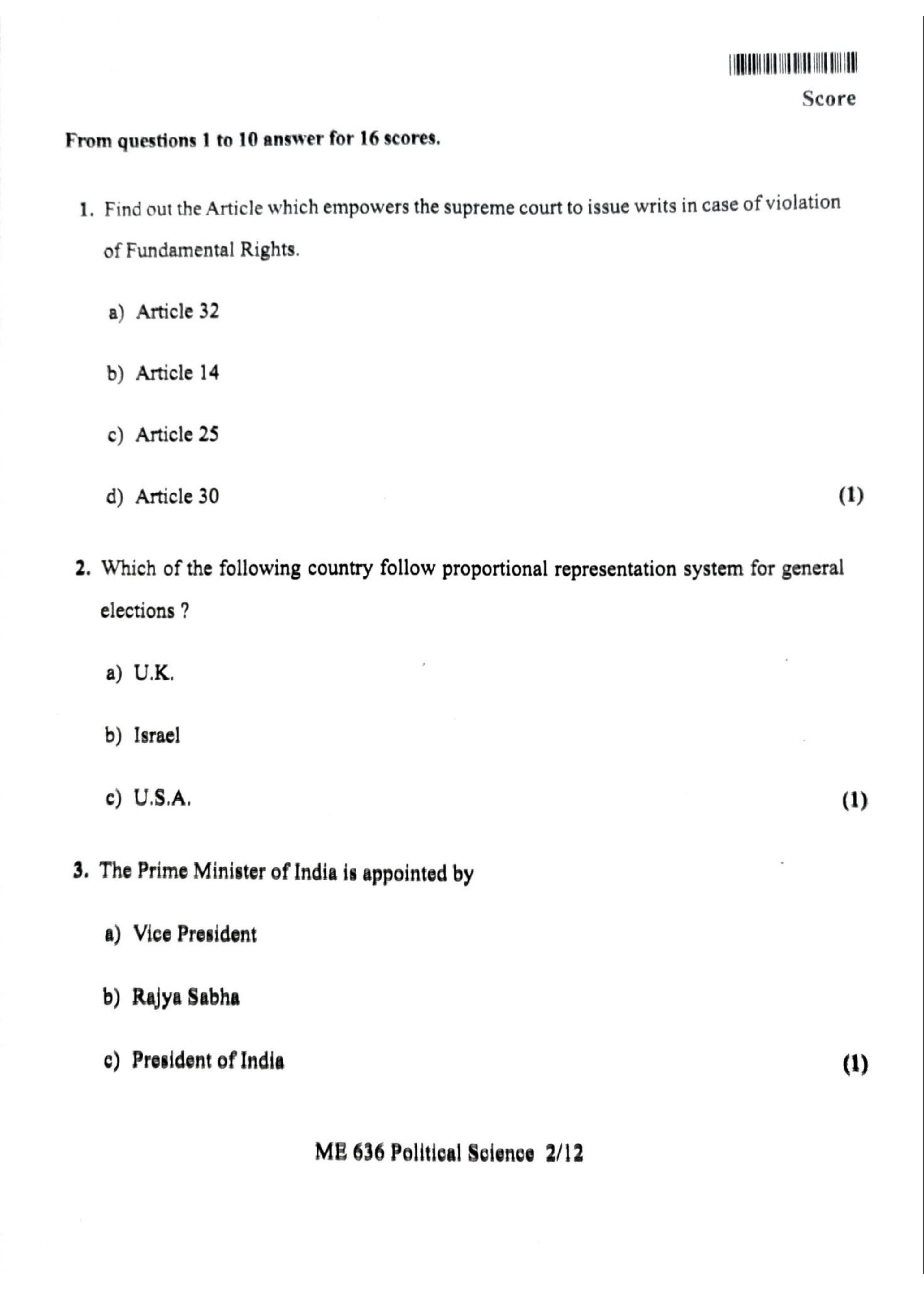 Kerala Plus One 2022 Political Science Question Papers (Model) - Page 2
