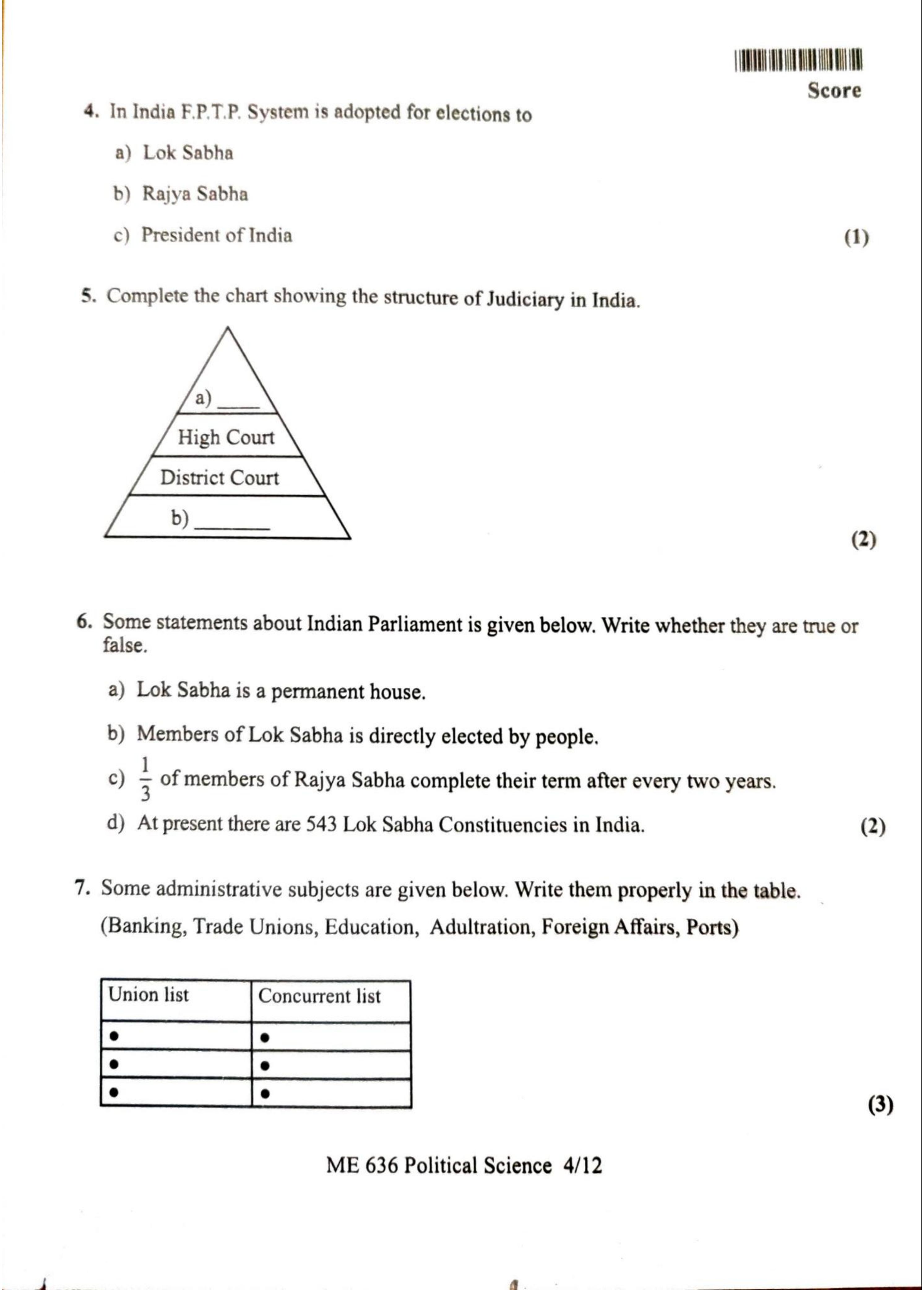 Kerala Plus One 2022 Political Science Question Papers (Model) - Page 4
