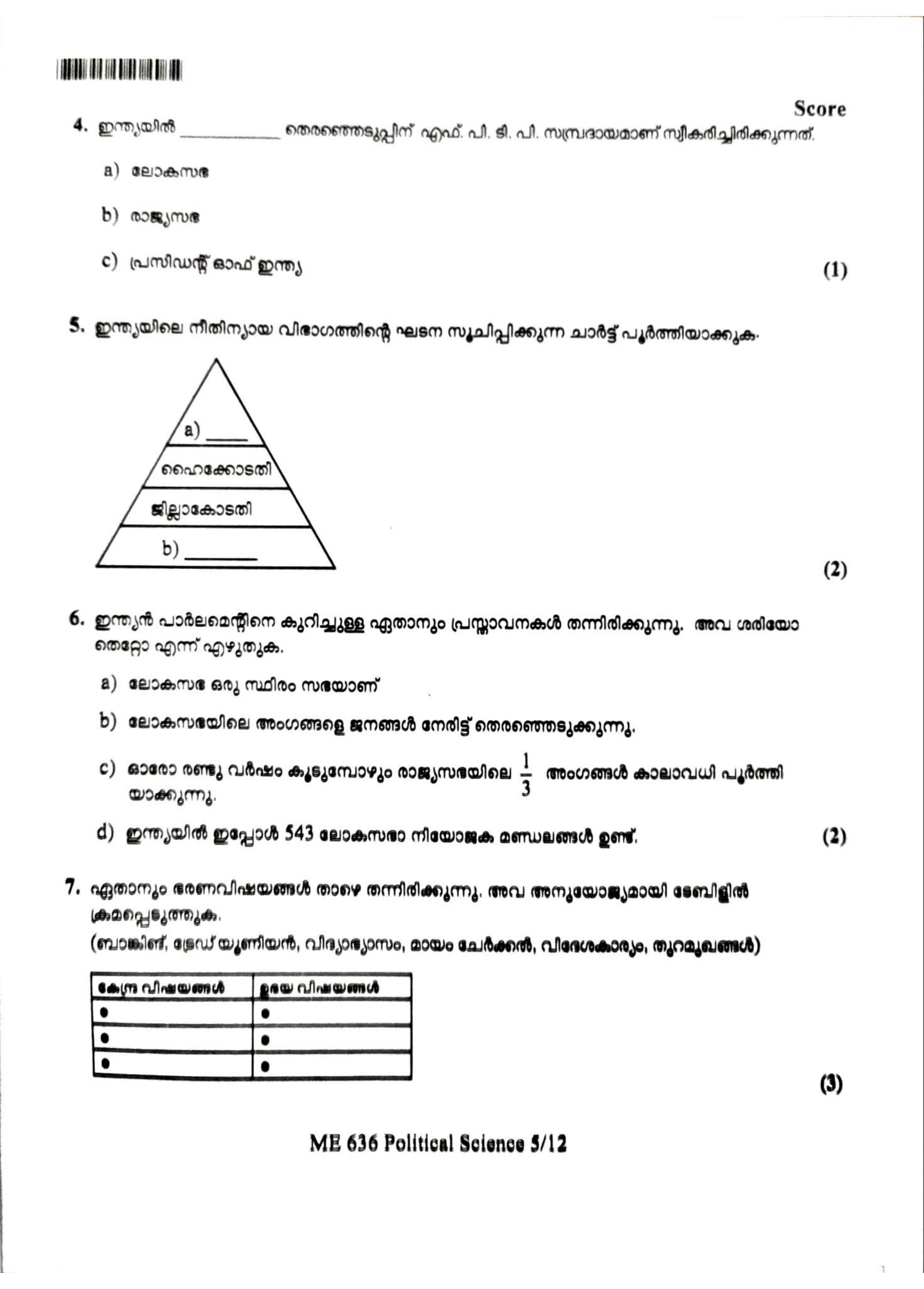 Kerala Plus One 2022 Political Science Question Papers (Model) - Page 5