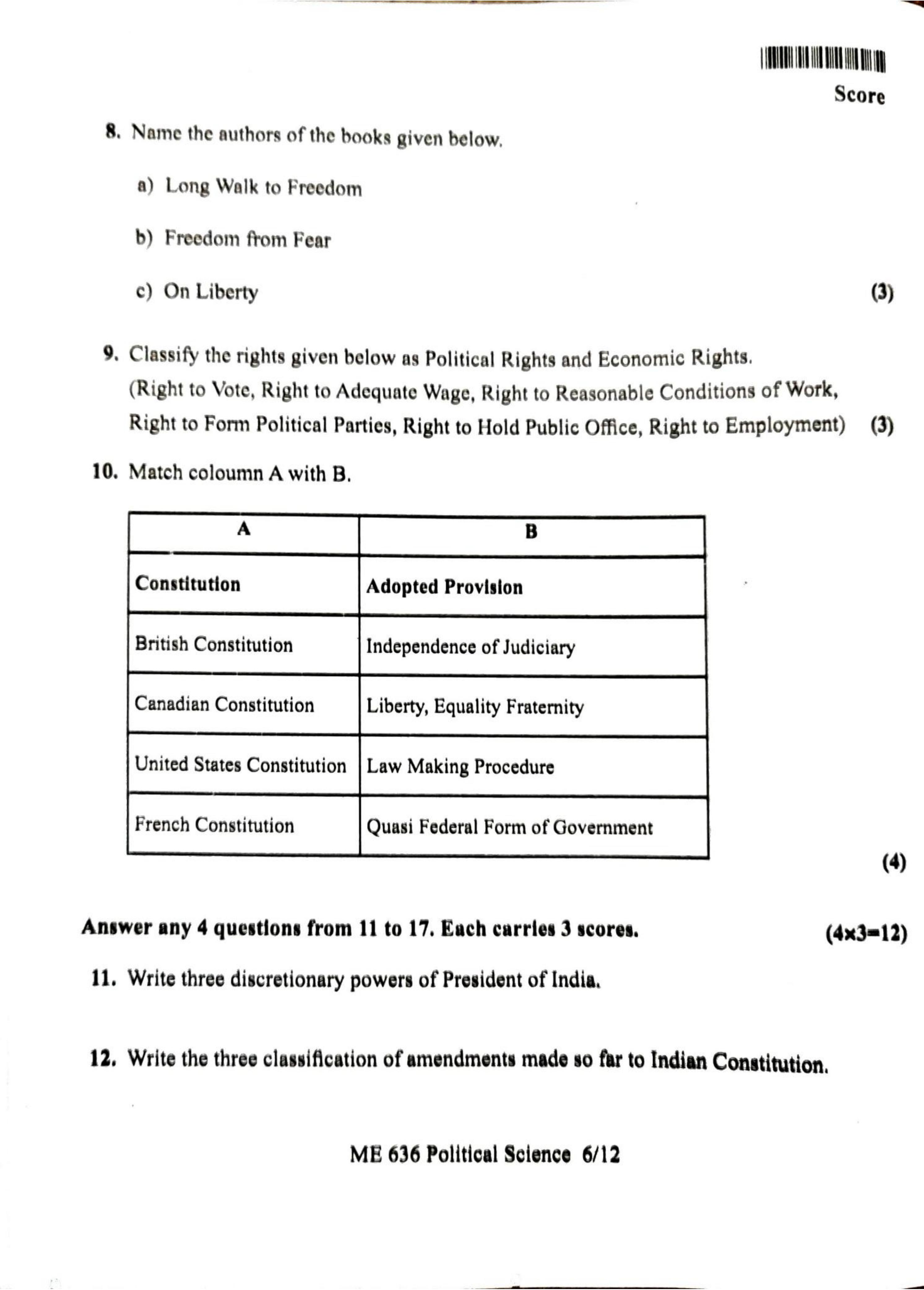 Kerala Plus One 2022 Political Science Question Papers (Model) - Page 6