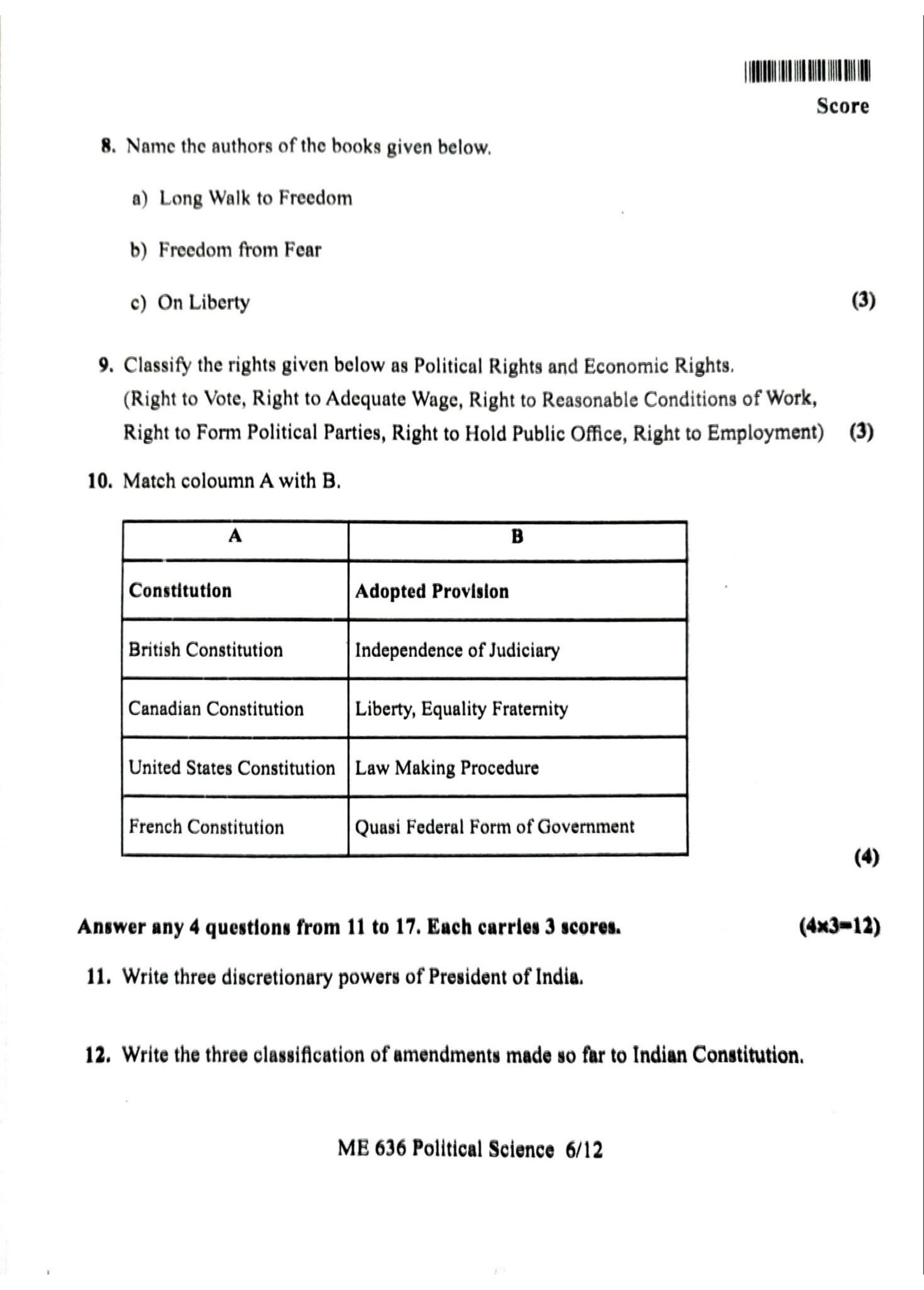 Kerala Plus One 2022 Political Science Question Papers (Model) - Page 7