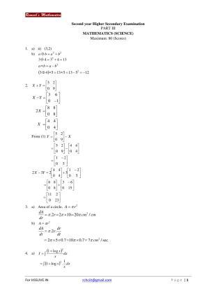 Kerala Plus Two 2018 Maths (Science) Model Answer Key