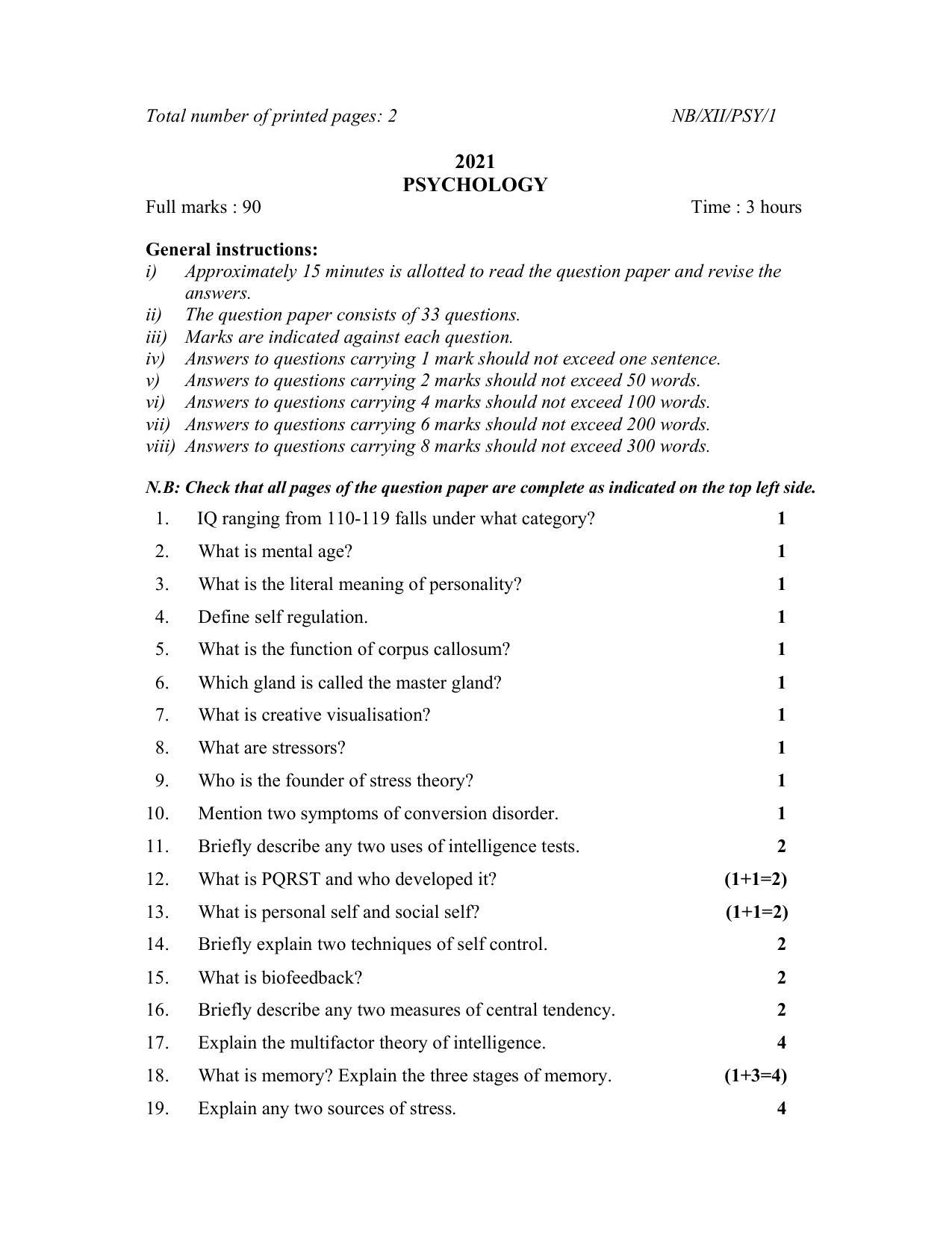 Nagaland Board Class 12 Psychology 2021 Question Paper - Page 1