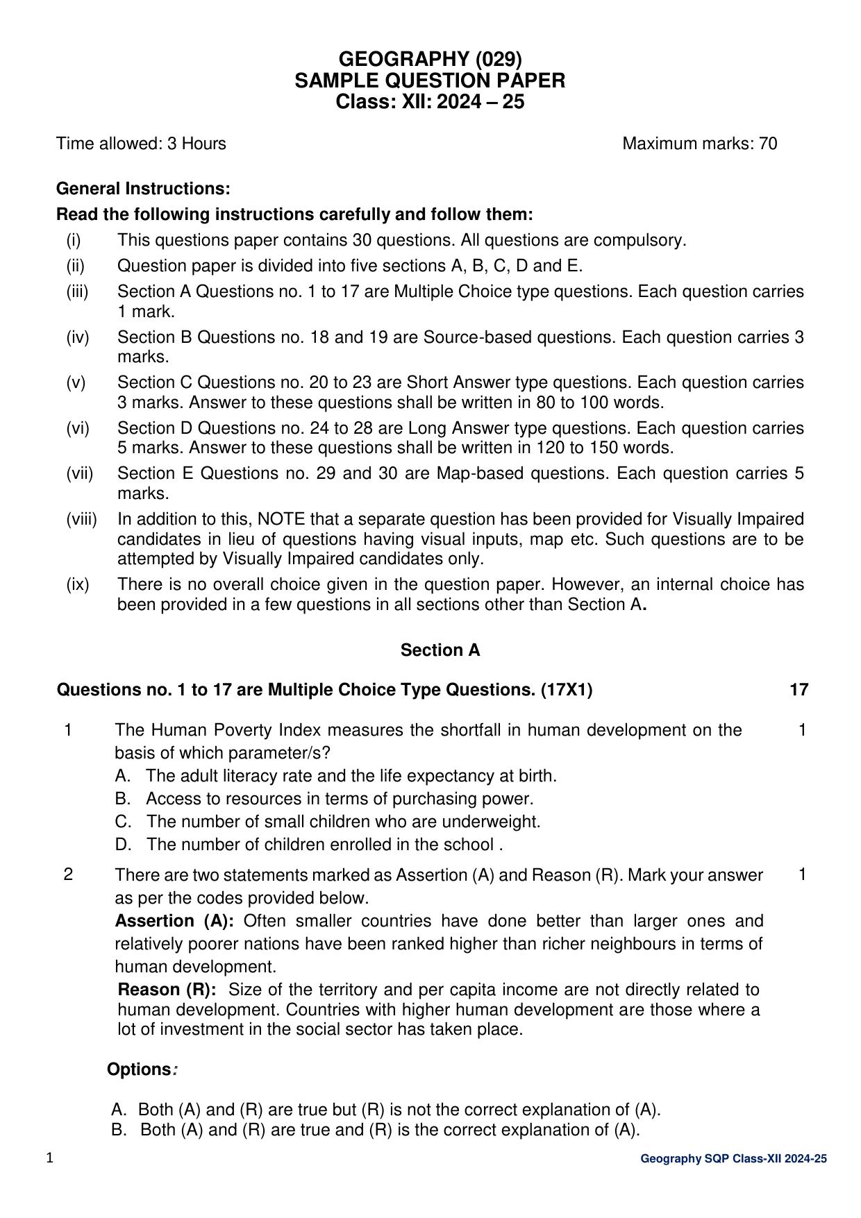 CBSE Class 12 Geography Sample Question Paper 2024-25 - Page 1