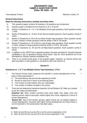 CBSE Class 12 Geography Sample Question Paper 2024-25