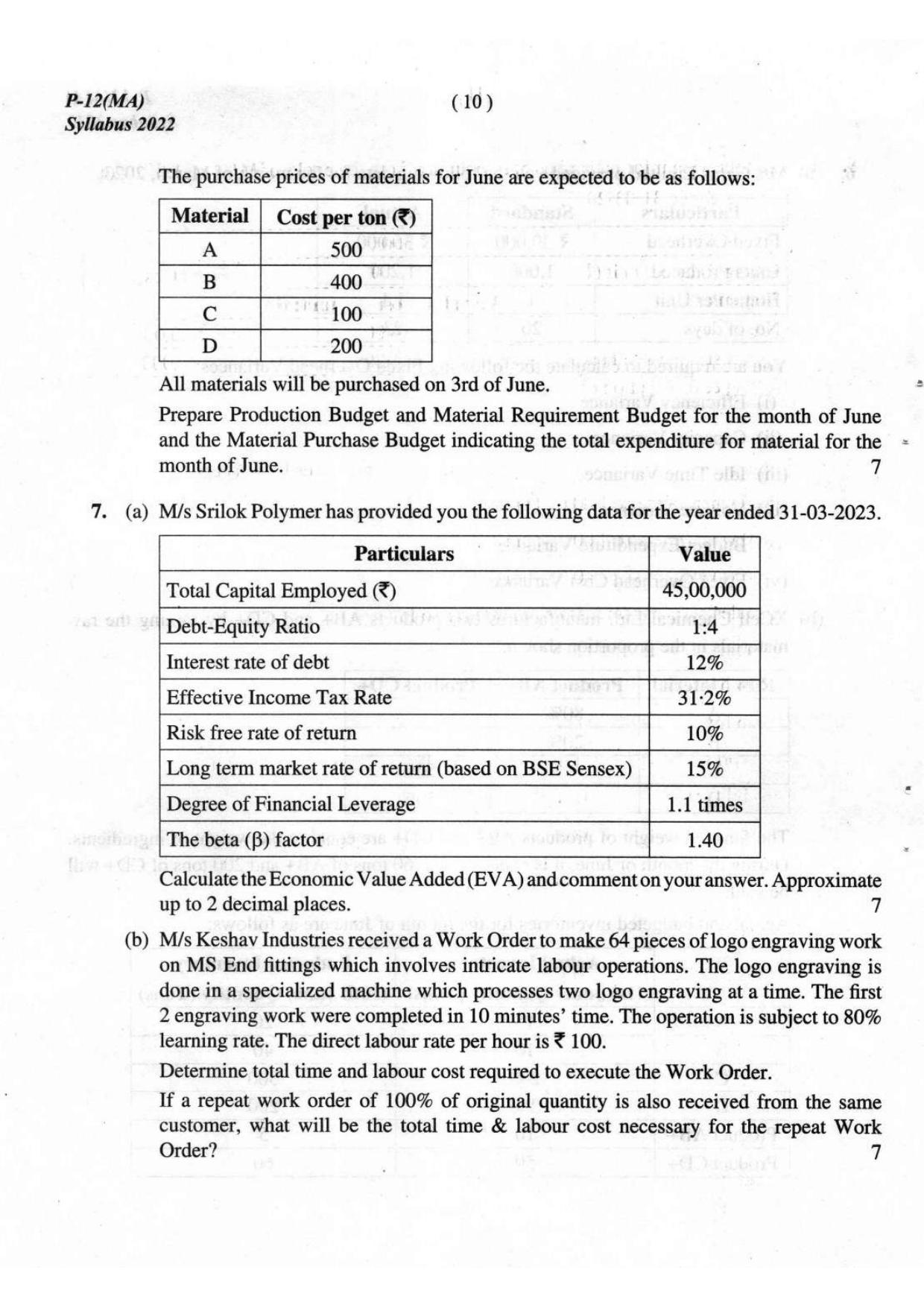 ICMAI Intermediate December 2023 Question Paper - Management Accounting - Page 10