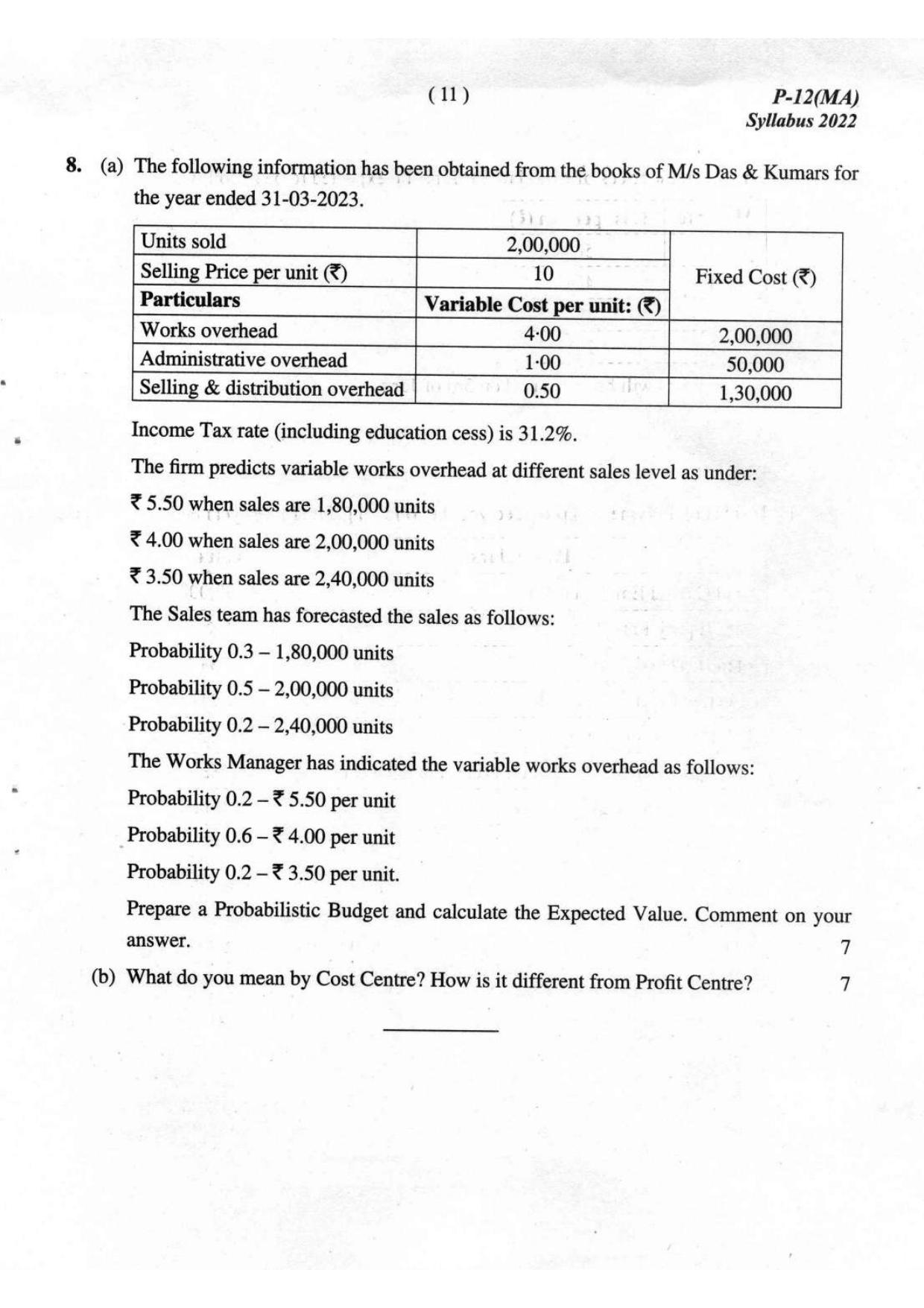 ICMAI Intermediate December 2023 Question Paper - Management Accounting - Page 11