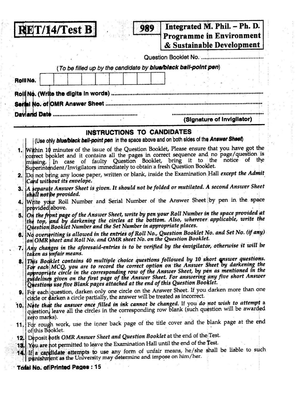 BHU RET Environment & Sustainable Development 2014 Question Paper - Page 1