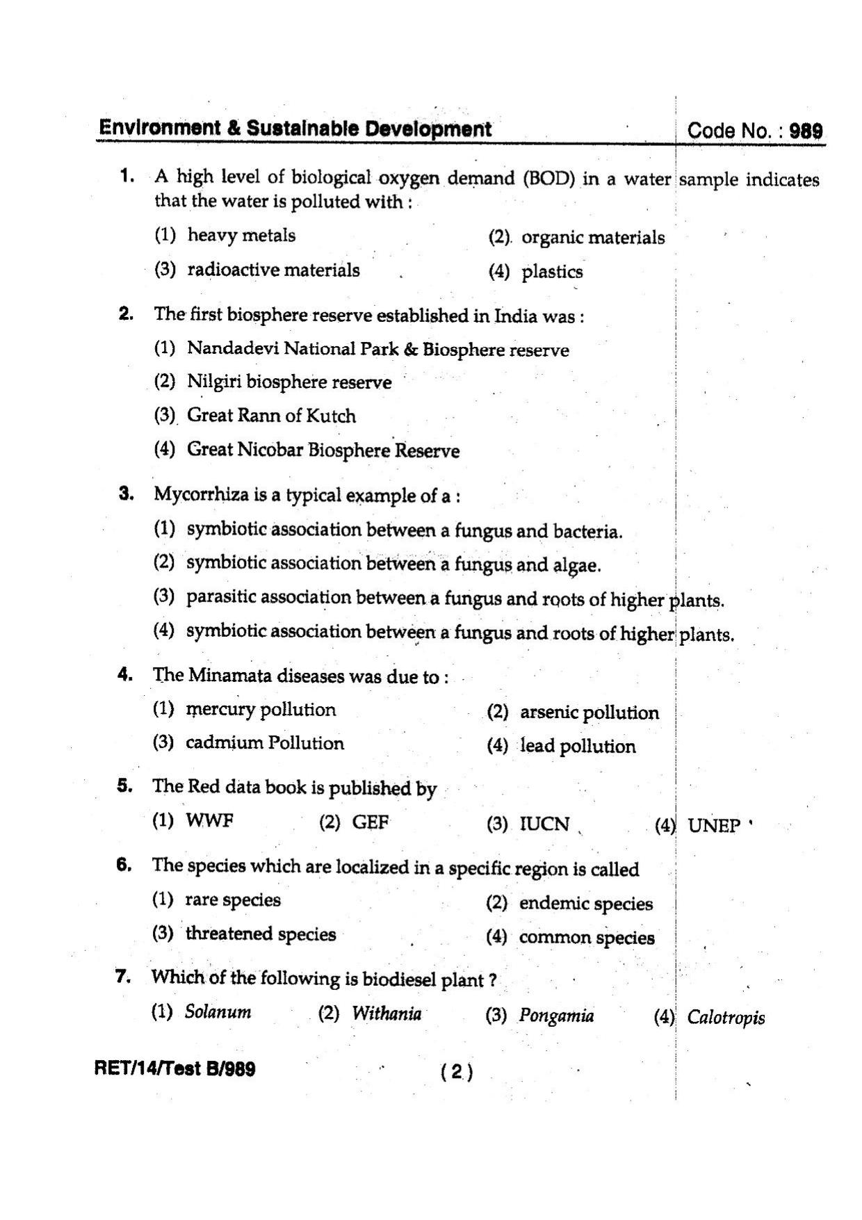 BHU RET Environment & Sustainable Development 2014 Question Paper - Page 4