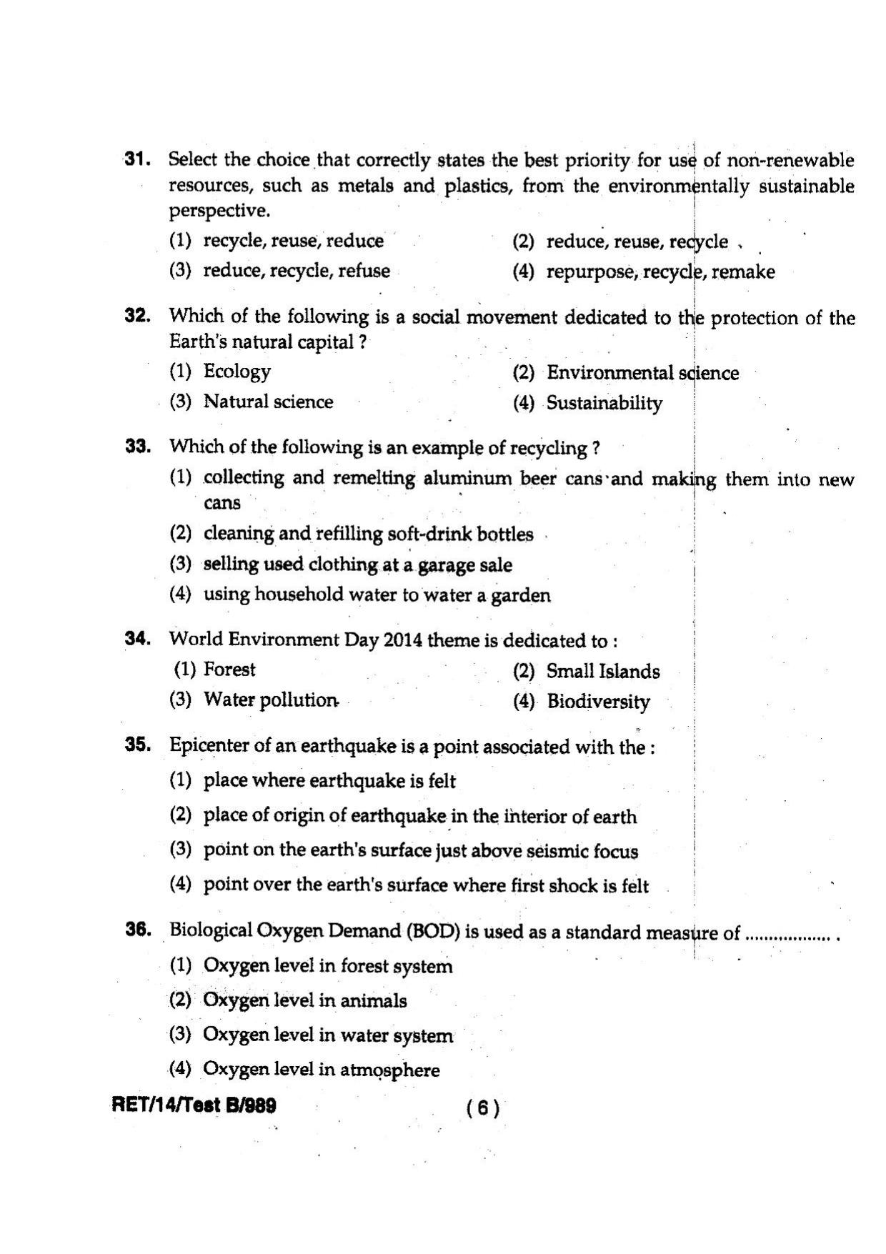 BHU RET Environment & Sustainable Development 2014 Question Paper - Page 8