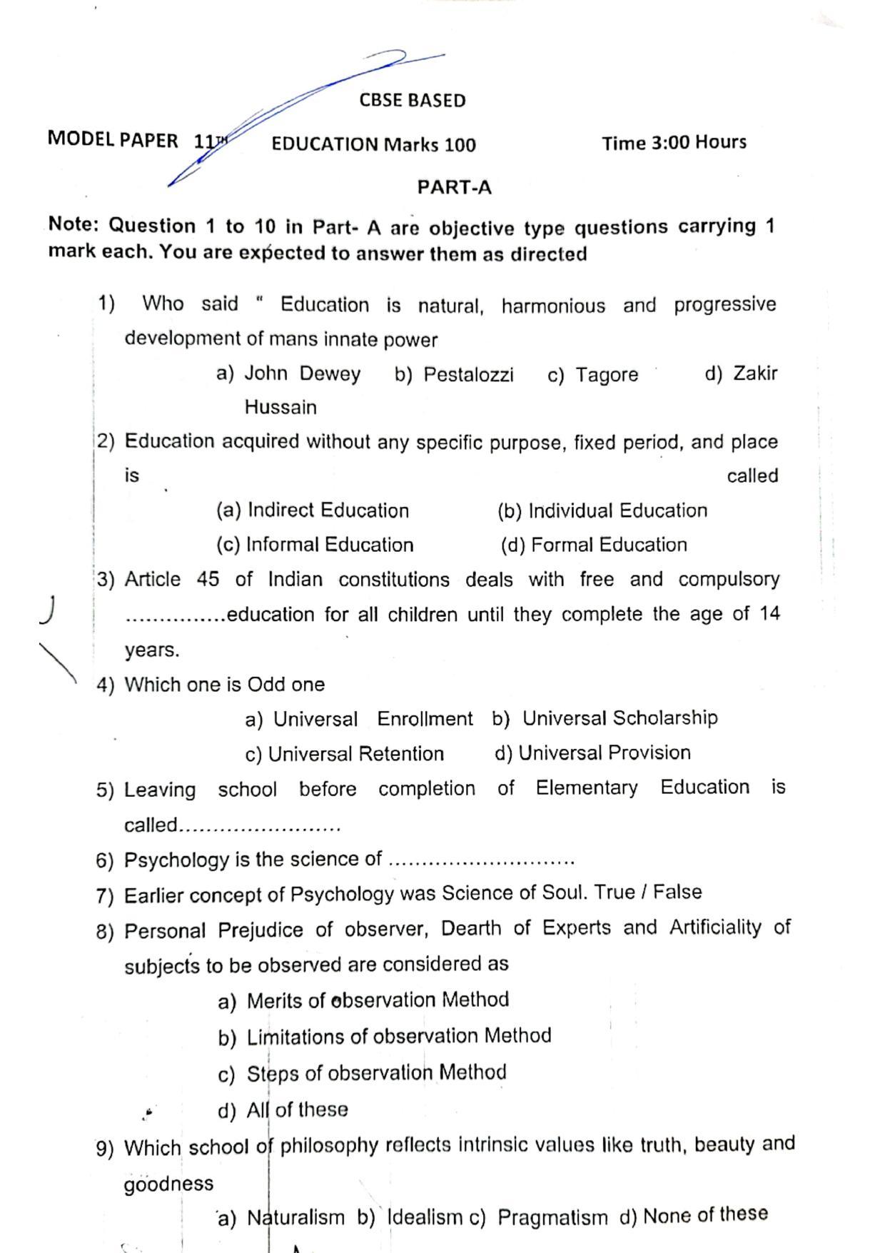 JKBOSE Class 11 Education Model Question Paper 2023 - Page 1