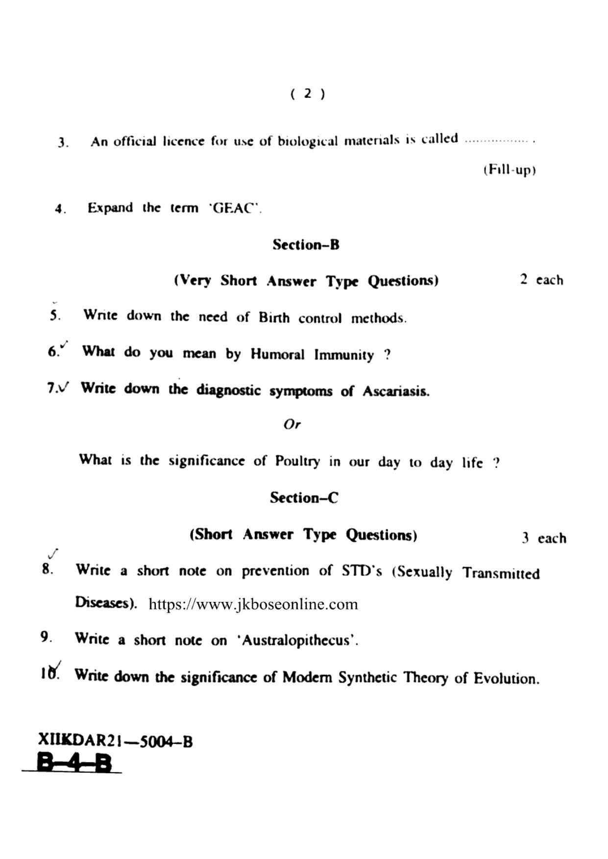 JKBOSE Class 12 Biology-Zoology 5004-B Question Papers 2021 - Page 2