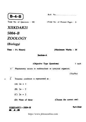 JKBOSE Class 12 Biology-Zoology 5004-B Question Papers 2021