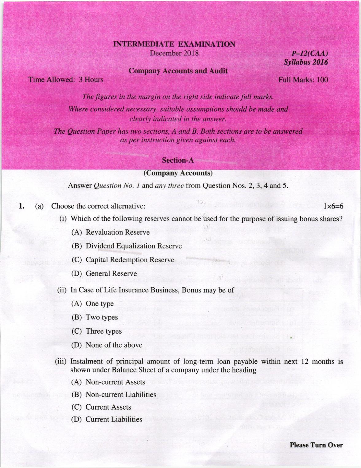 ICMAI Dec 2018 Company Accounts and Audit Question Paper  - Page 1