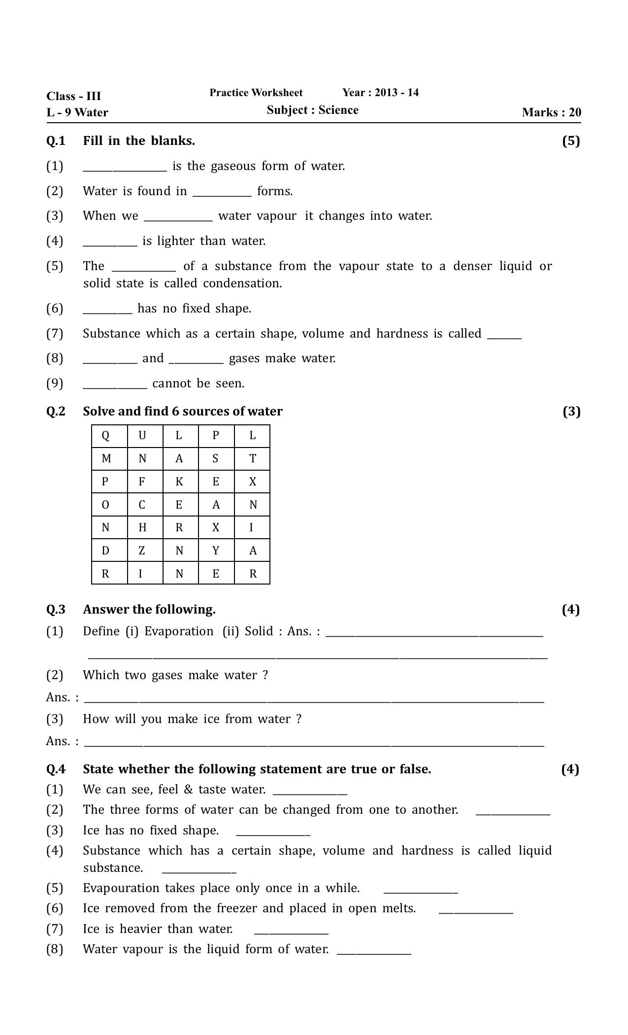 Worksheet for Class 3 Science Assignment 1 - Page 1