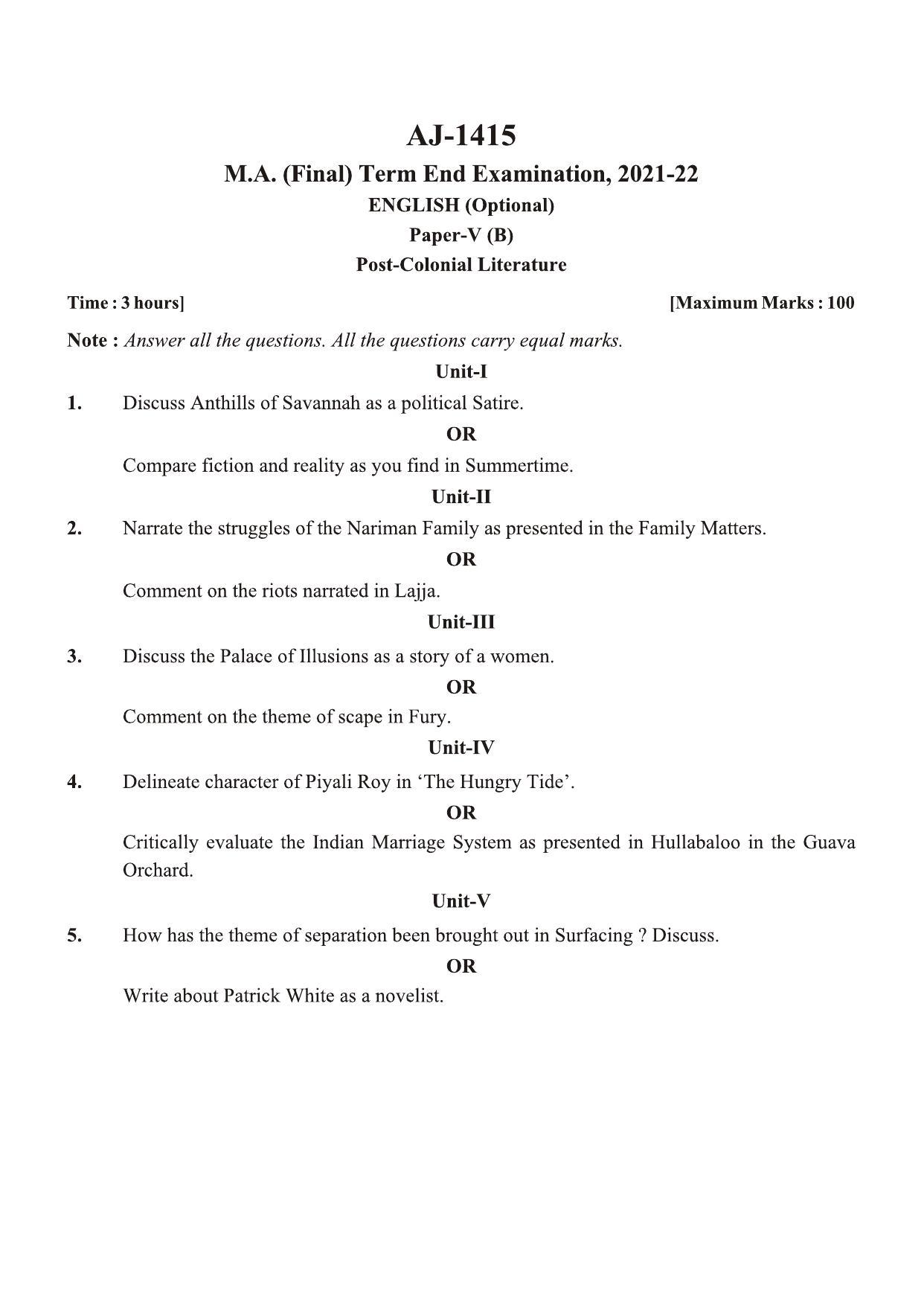 Bilaspur University Question Paper 2021-2022:M.A (Final) English Post Colonial Literature paper 1 - Page 1