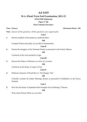Bilaspur University Question Paper 2021-2022:M.A (Final) English Post Colonial Literature paper 1