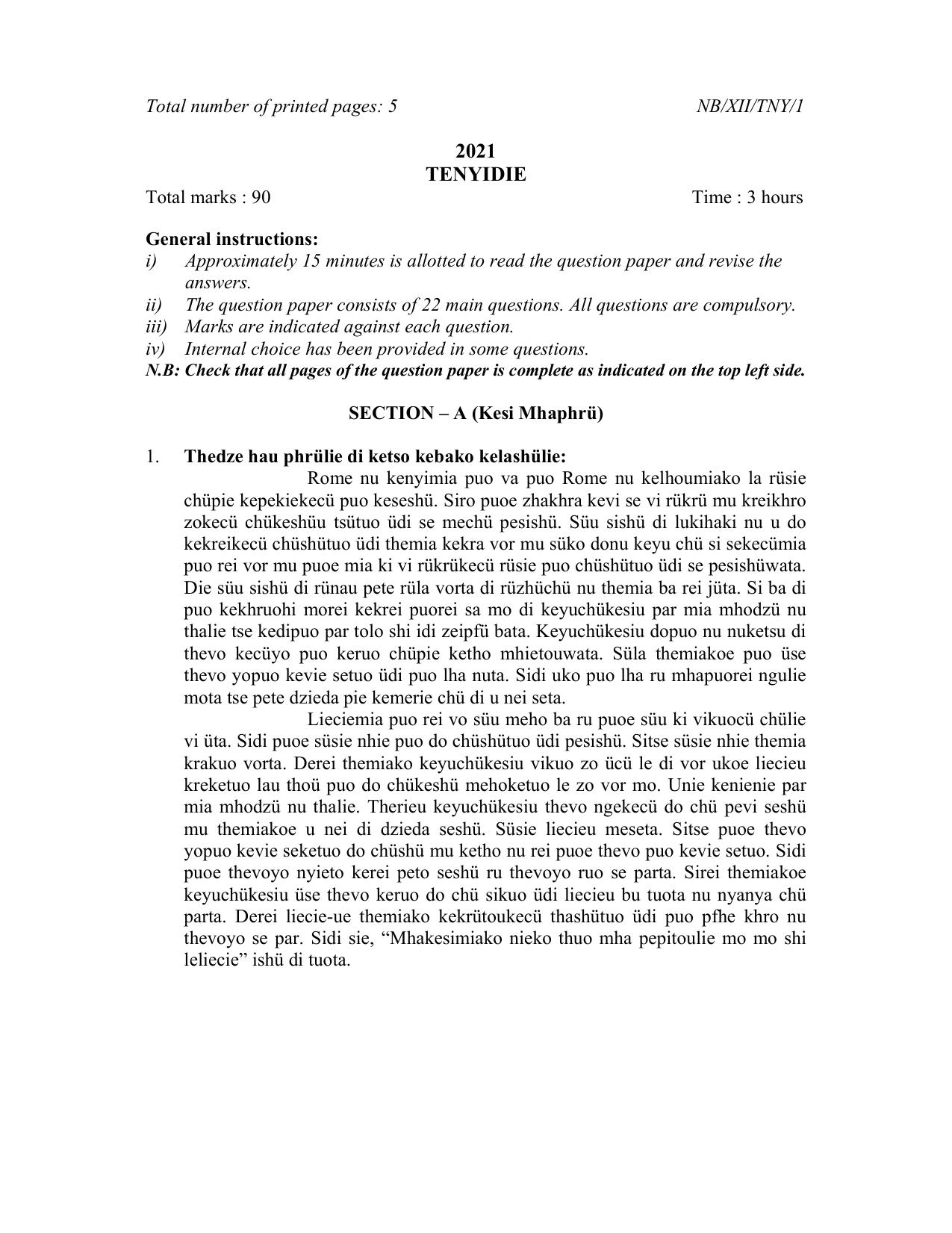 Nagaland Board Class 12 Tenyidie 2021 Question Paper - Page 1