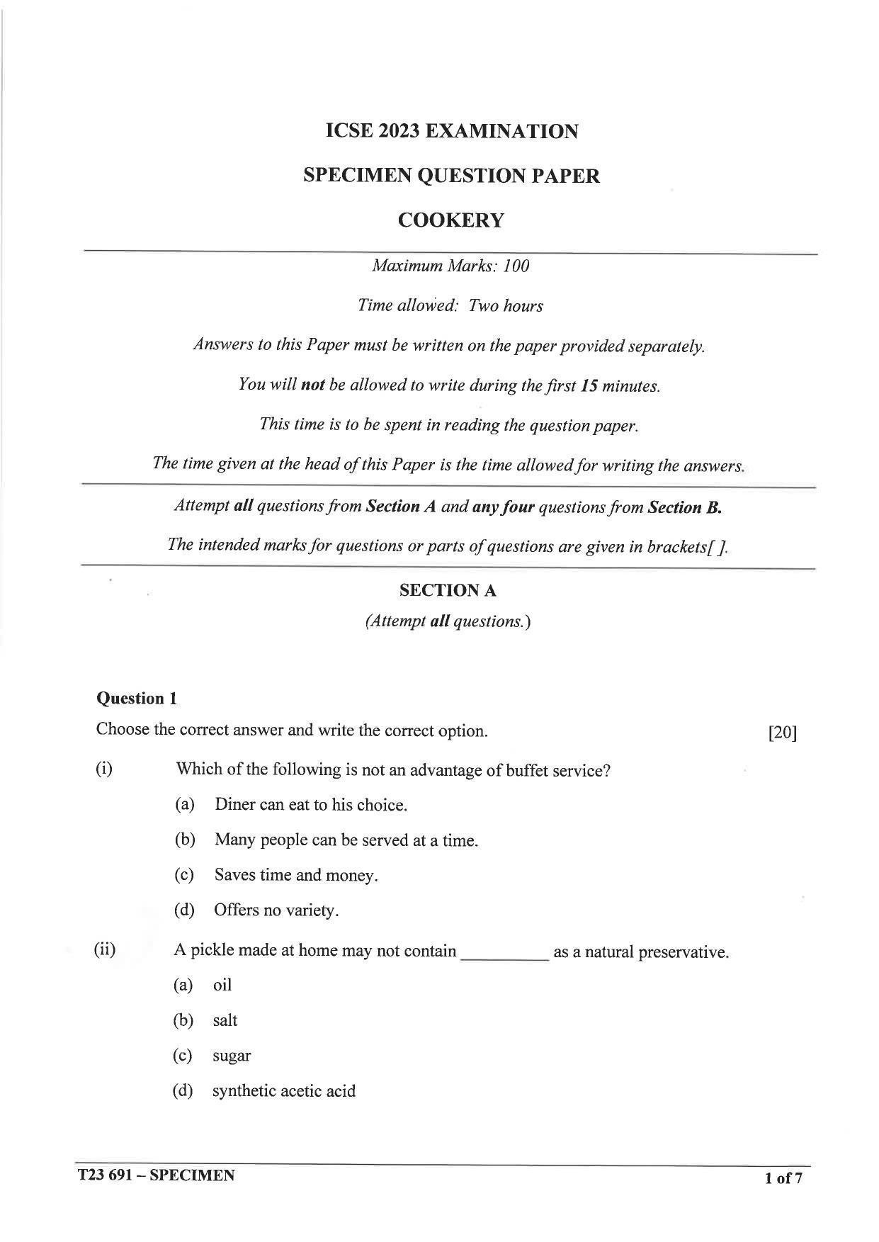ICSE Class 10 Cookery Sample Paper 2023 - Page 1