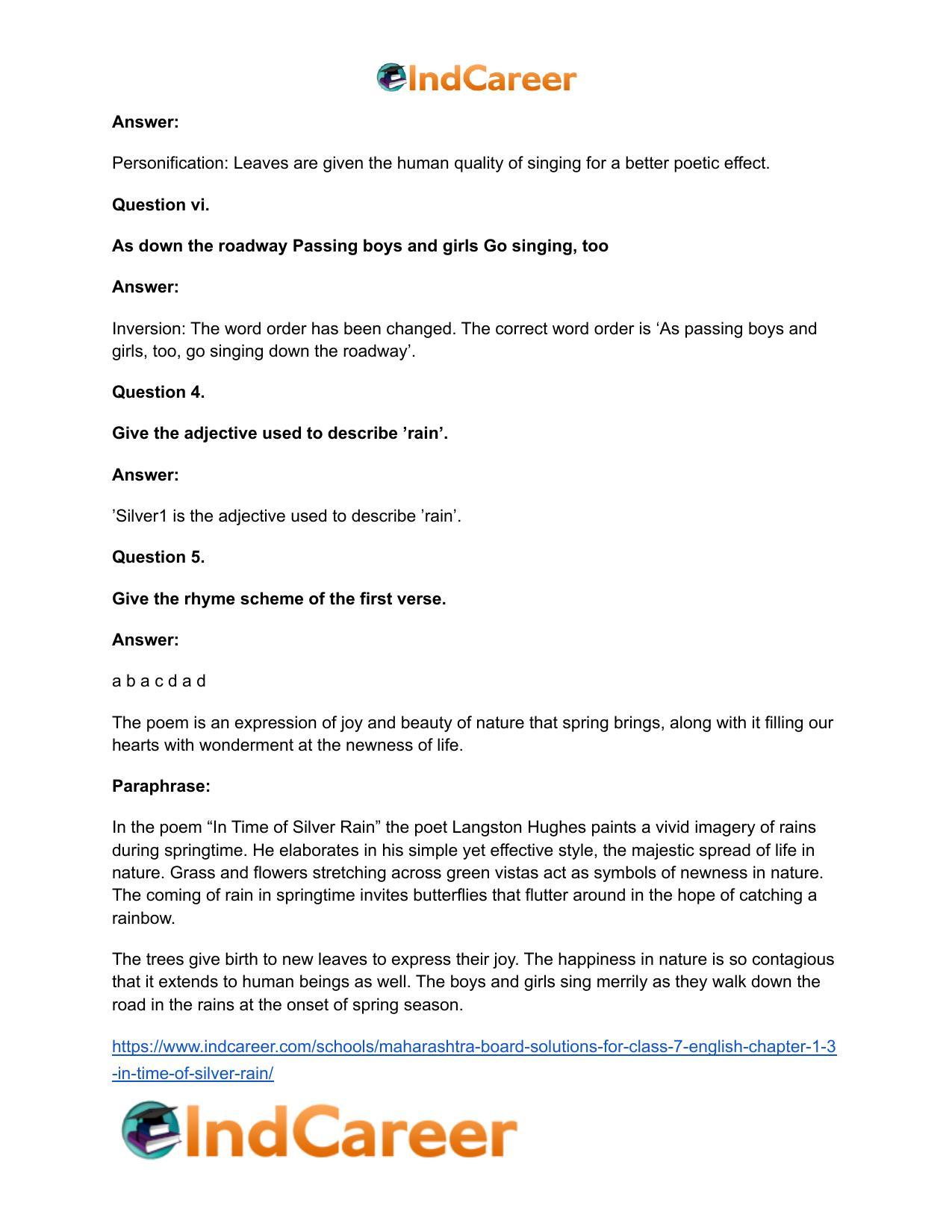 Maharashtra Board Solutions for Class 7- English: Chapter 1.3- In Time of Silver Rain - Page 10