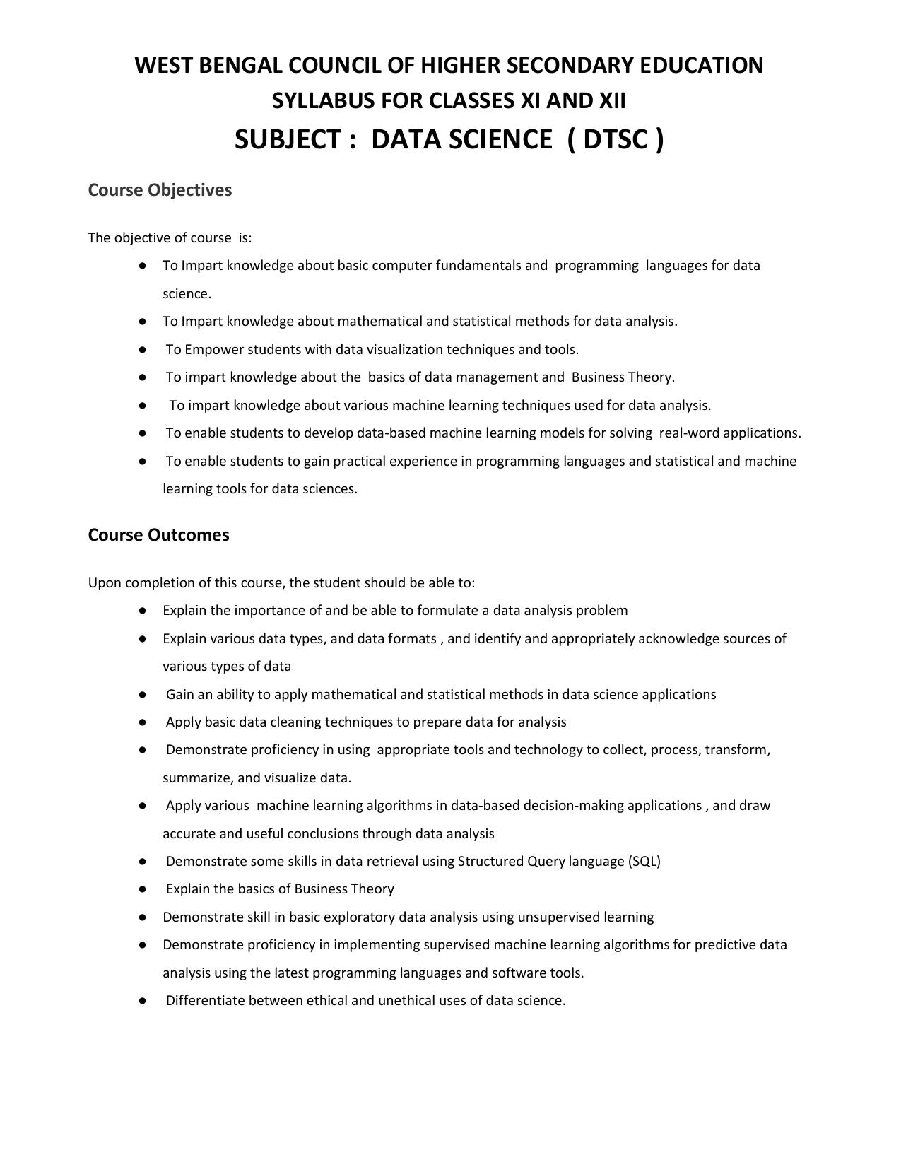 WBCHSE Class 11 & 12 Syllabus for Data Science (DTSC) (SET I) - Page 1
