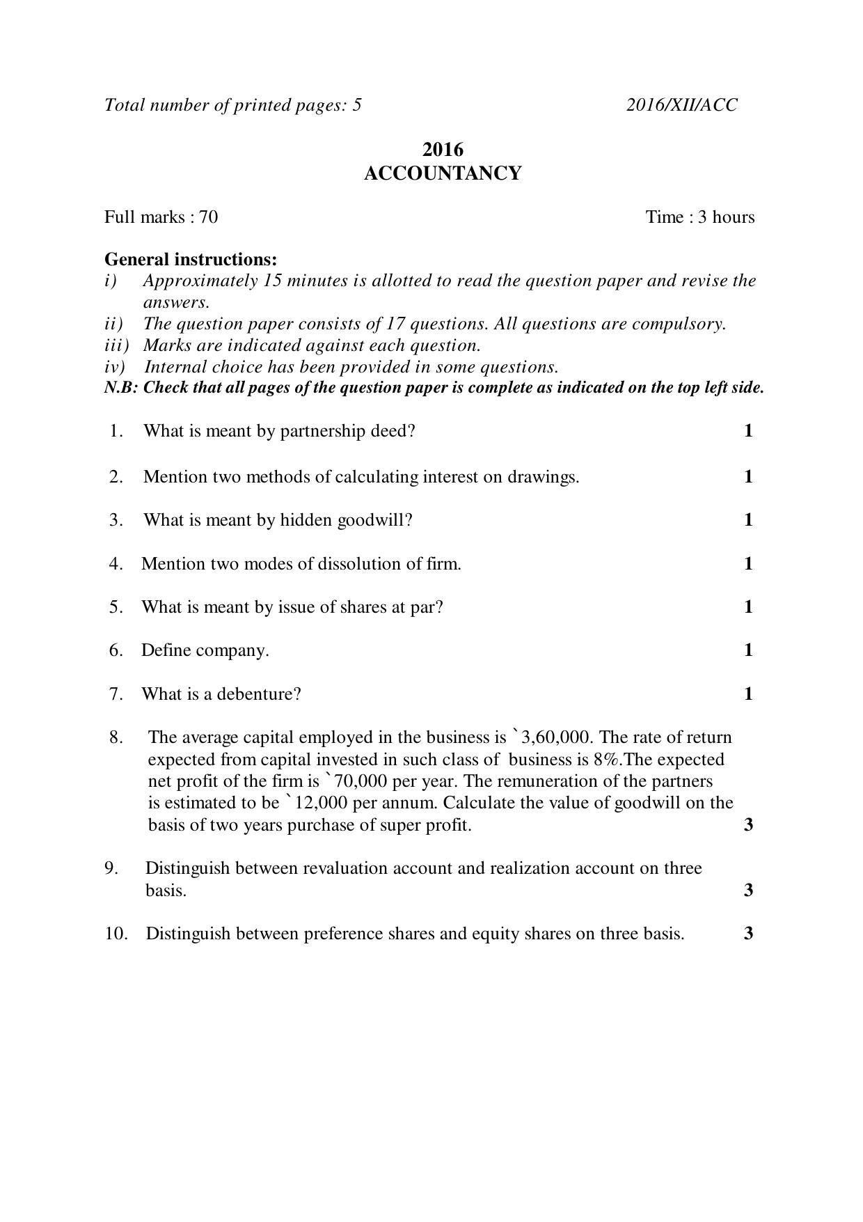 Nagaland Board Class 12 ACCOUNTANCY 2016 Question Papers - Page 1