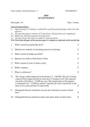 Nagaland Board Class 12 ACCOUNTANCY 2016 Question Papers