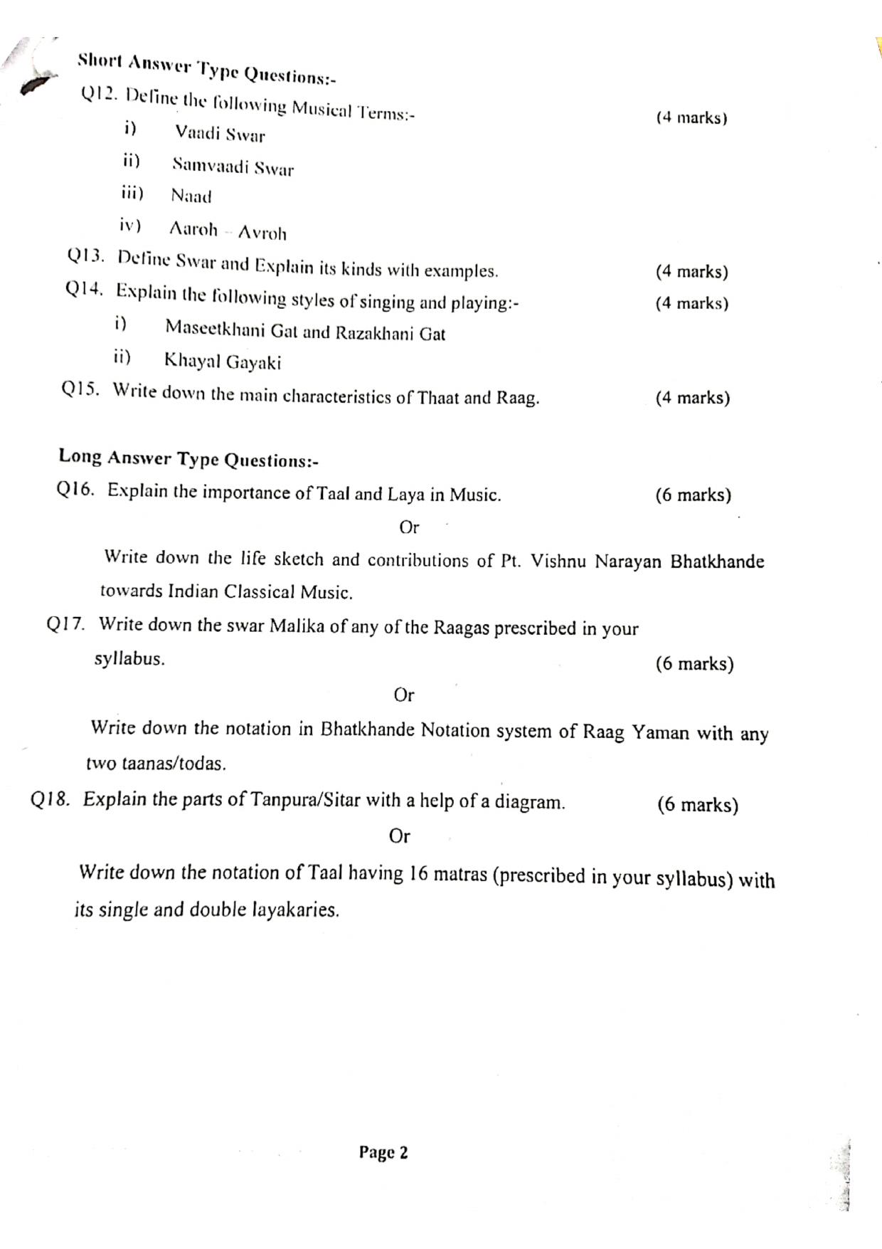 JKBOSE Class 11 Music Model Question Paper - Page 2