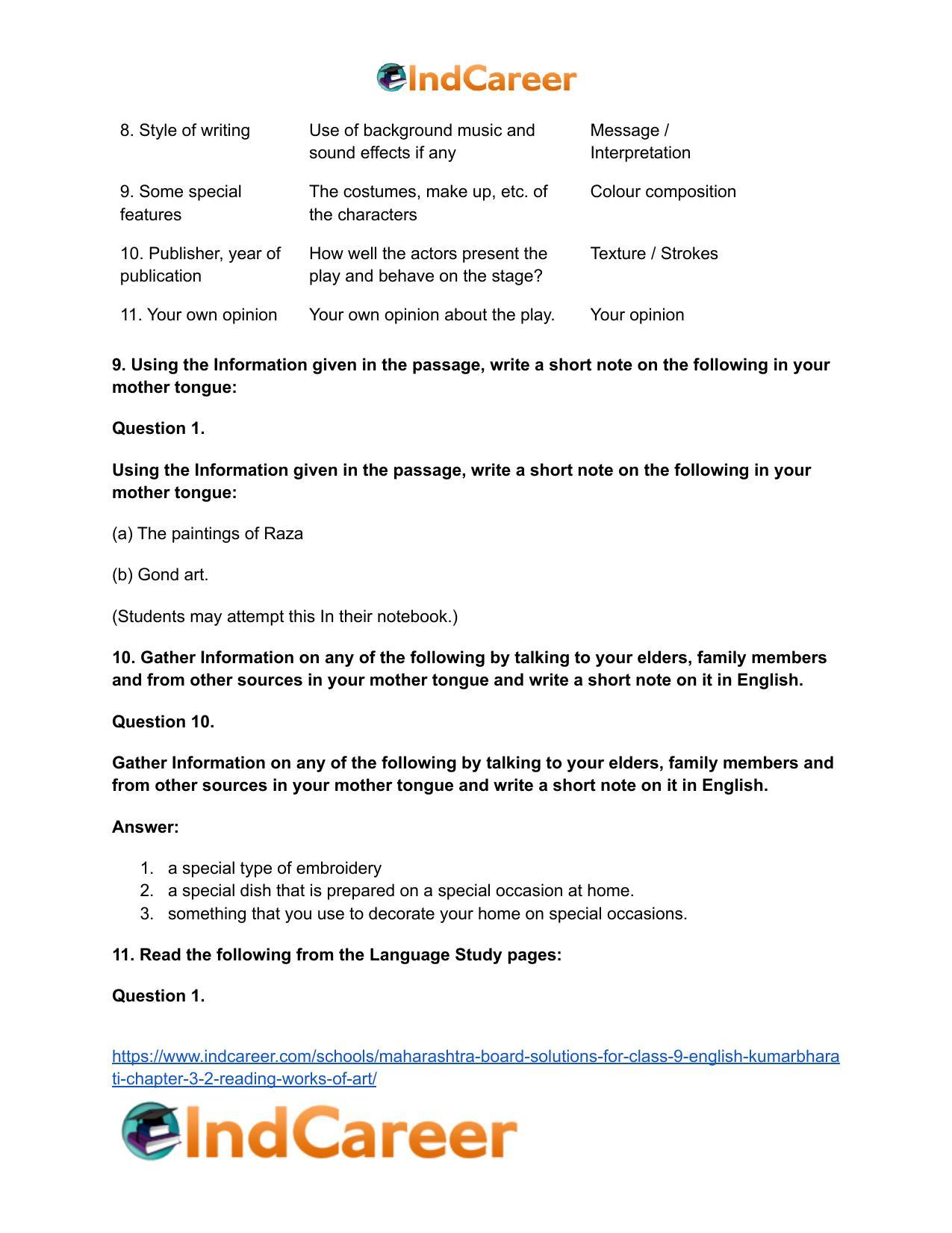 Maharashtra Board Solutions for Class 9- English Kumarbharati: Chapter 3.2- Reading Works of Art - Page 10