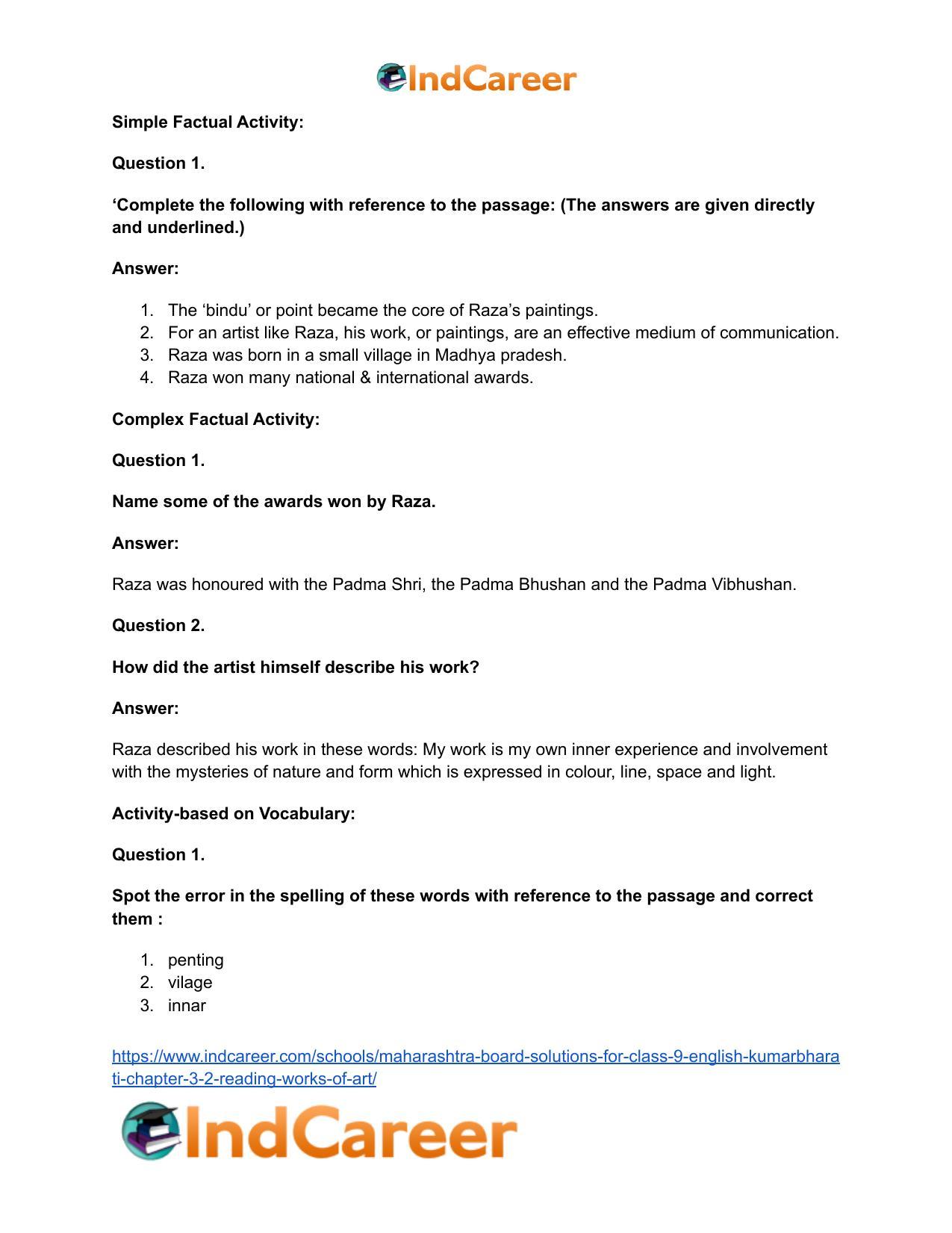 Maharashtra Board Solutions for Class 9- English Kumarbharati: Chapter 3.2- Reading Works of Art - Page 12