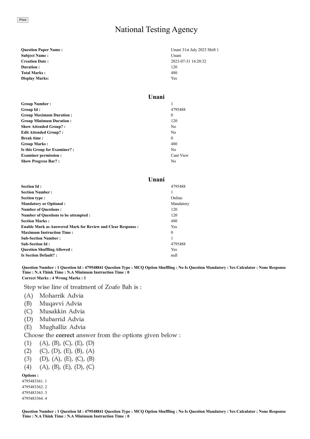 AIAPGET 2023 Unani Question Paper - Page 1